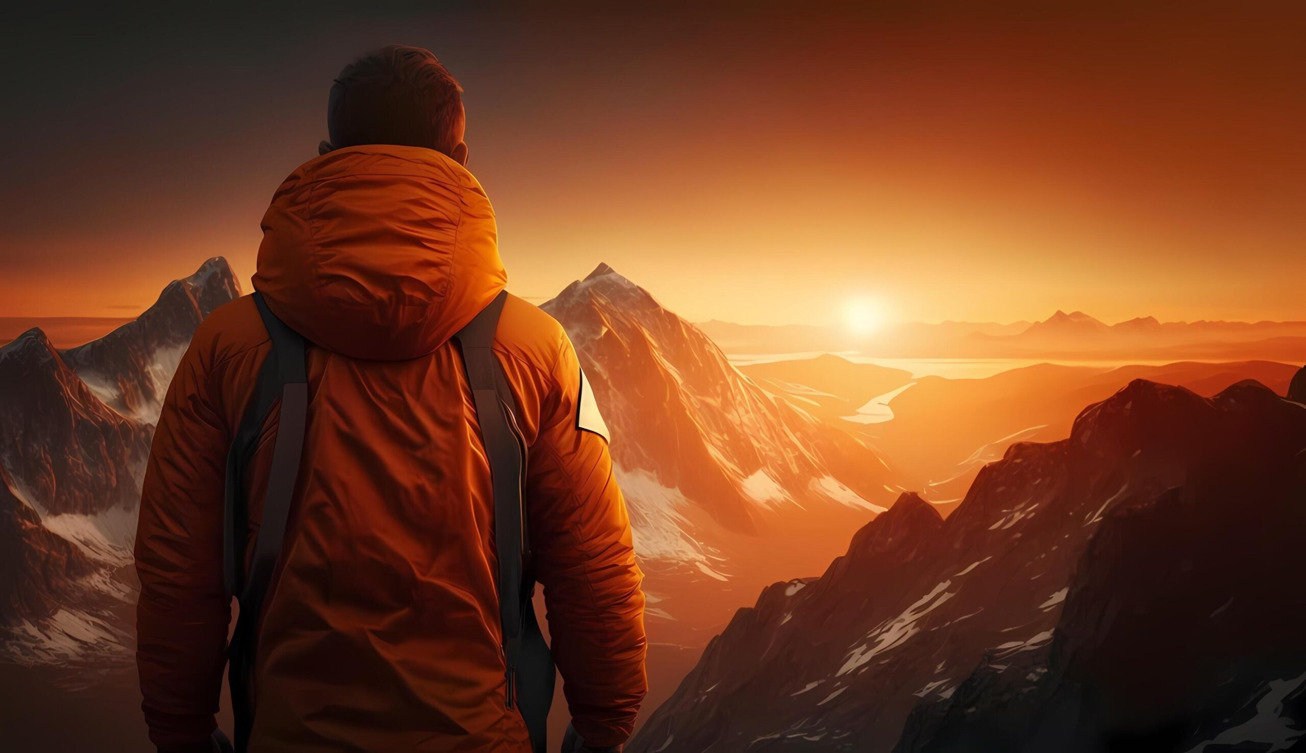 Ai-generated-hiker-wearing-an-orange-jacket-stands-on-a-cliff-watching-the-sunset-free-photo