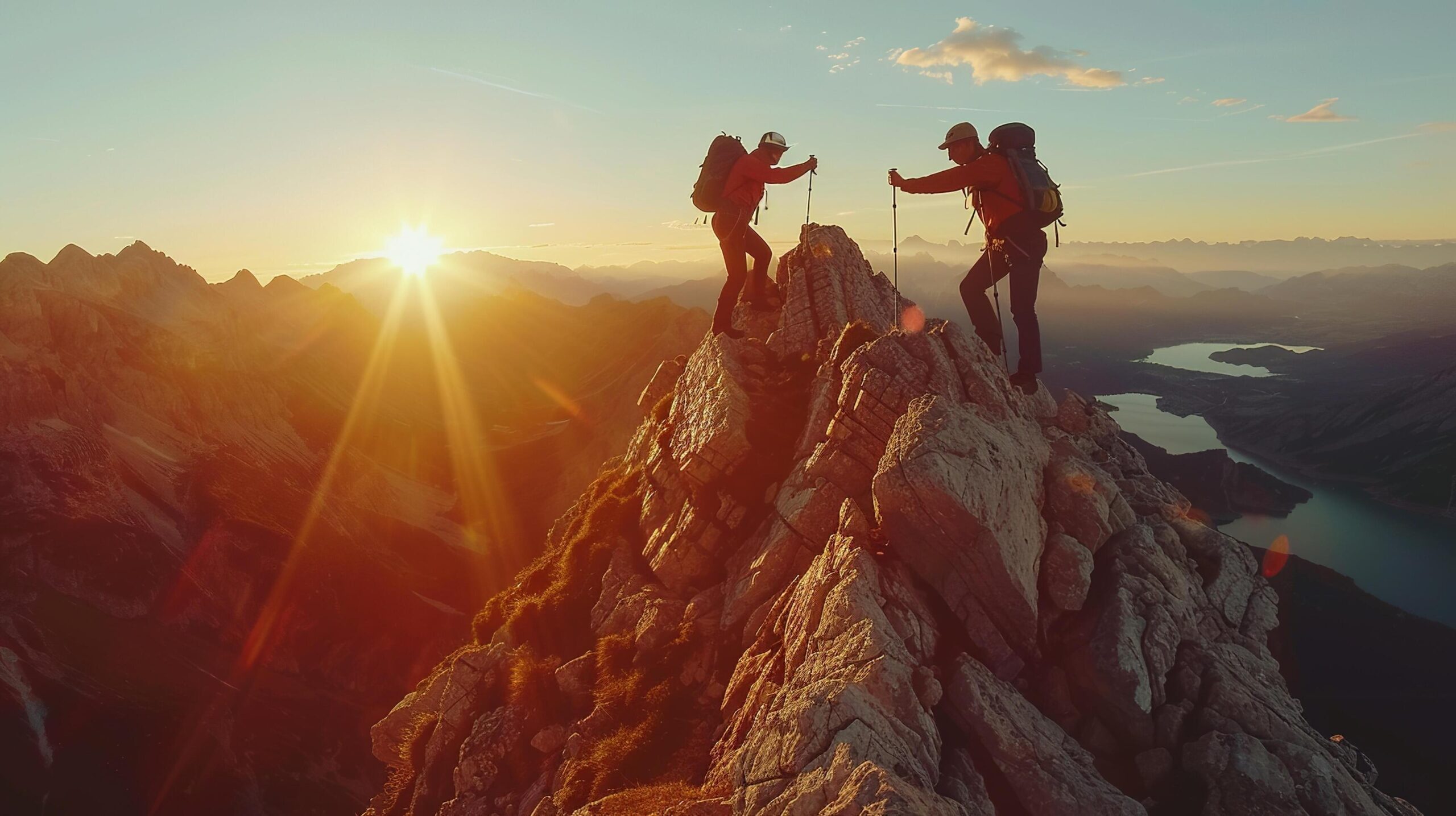 Ai-generated-hiking-hiker-helping-friend-to-reach-mountain-top-peak-two-people-doing-teamwork-and-achieving-success-with-beautiful-landscape-with-sunrise-free-photo