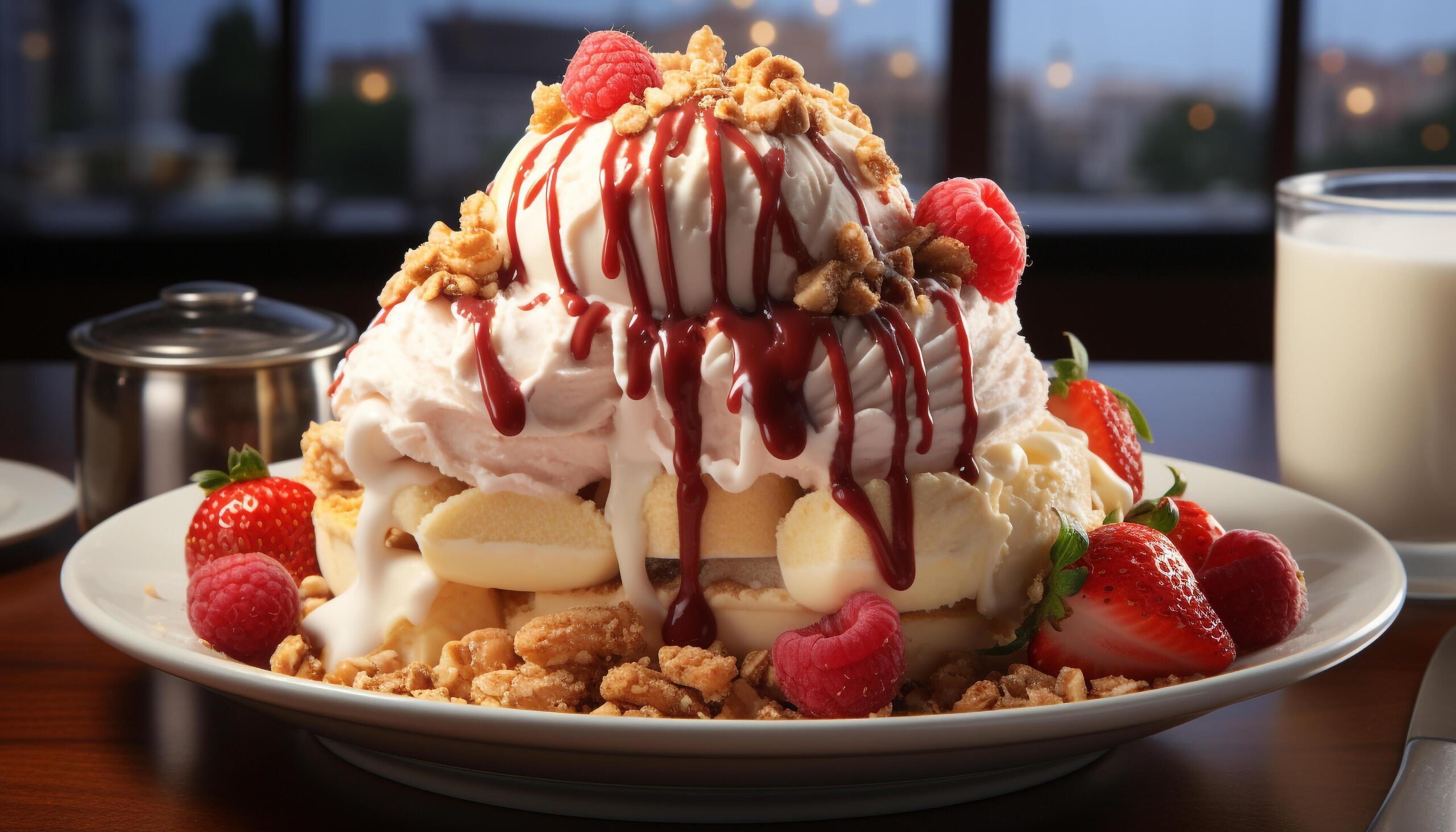 Ai-generated-homemade-dessert-fresh-strawberry-ice-cream-with-whipped-cream-generated-by-ai-free-photo