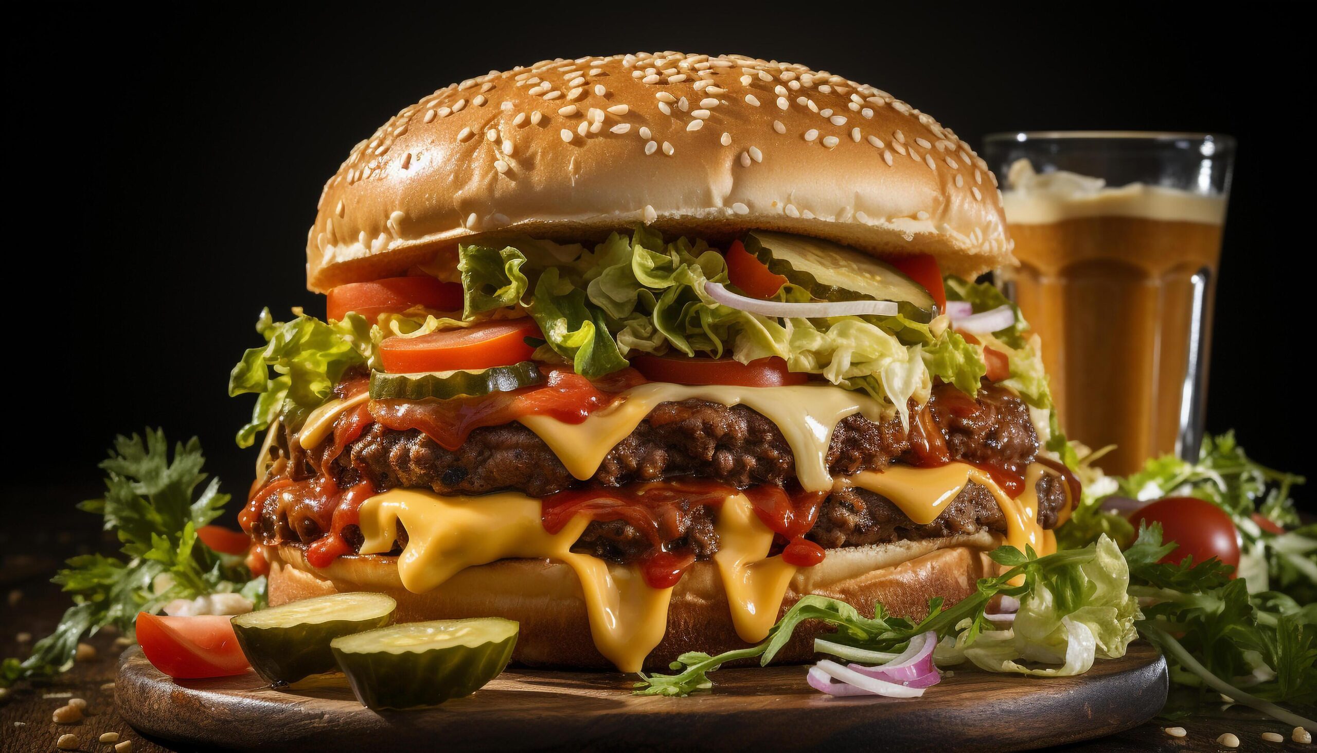 Ai-generated-homemade-gourmet-burger-with-grilled-meat-cheese-and-fresh-vegetables-generated-by-ai-free-photo