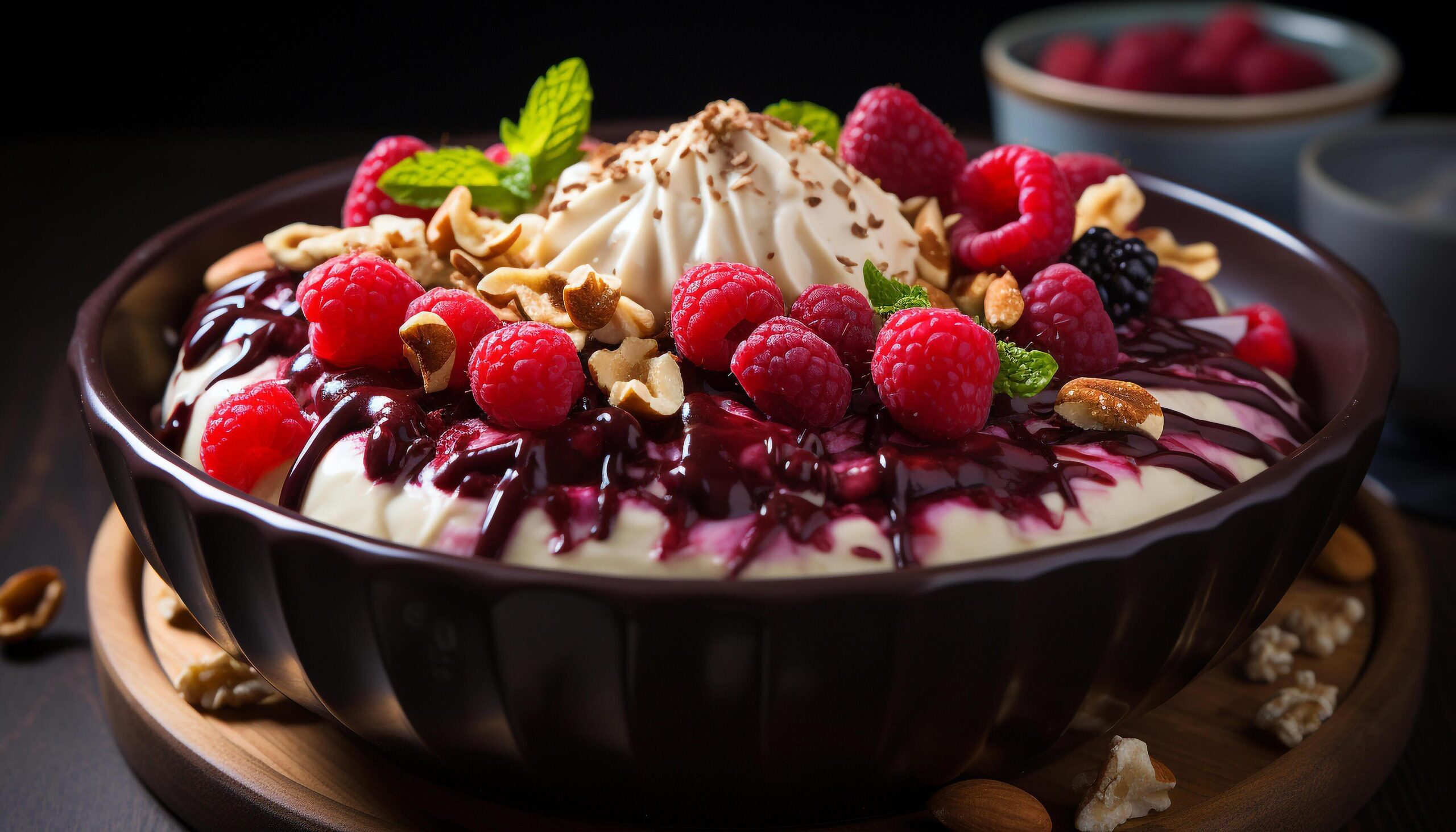 Ai-generated-homemade-gourmet-dessert-sweet-pie-raspberry-chocolate-whipped-cream-generated-by-ai-free-photo