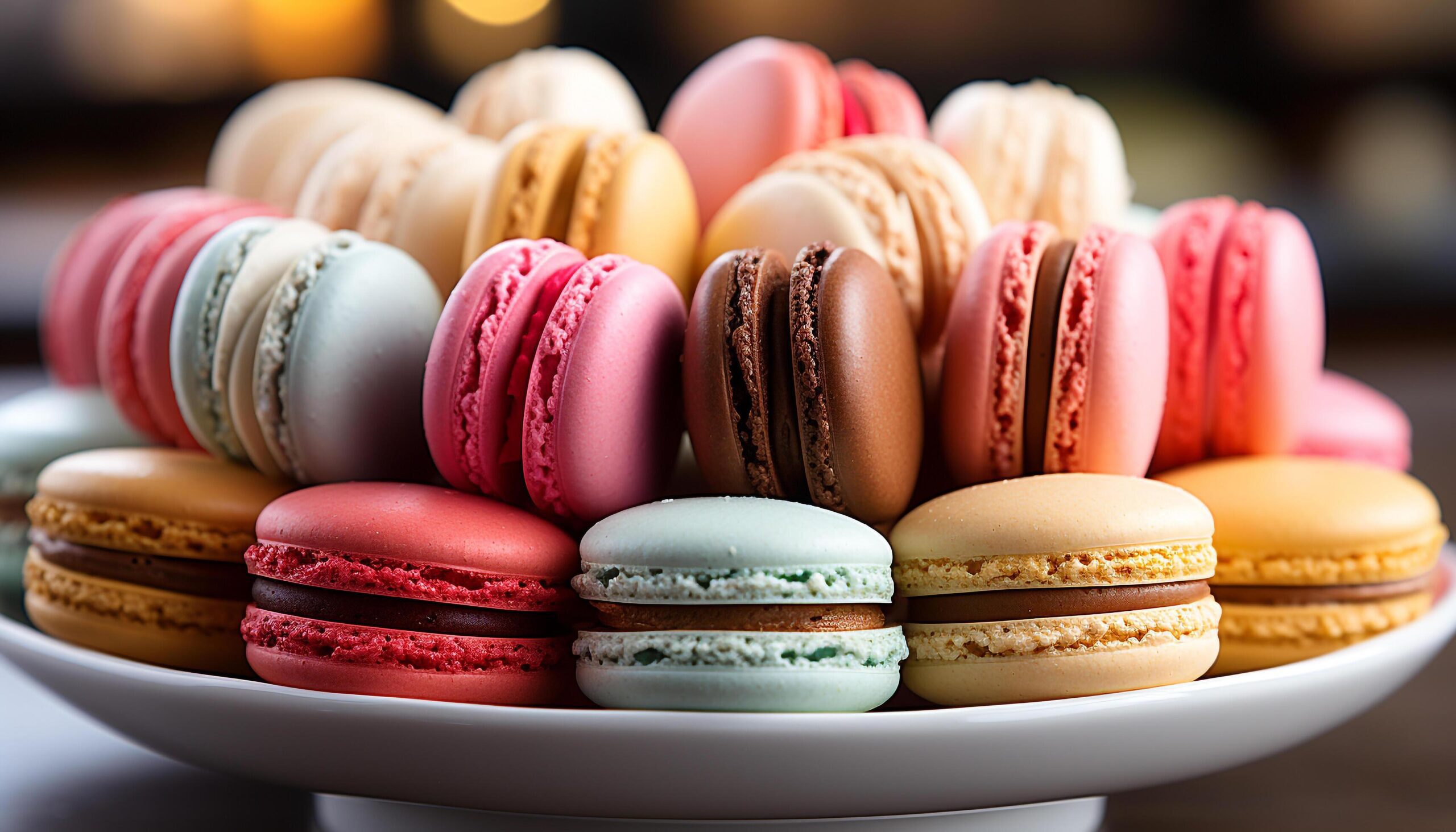 Ai-generated-homemade-macaroon-stack-a-sweet-gourmet-indulgence-on-wooden-plate-generated-by-ai-free-photo