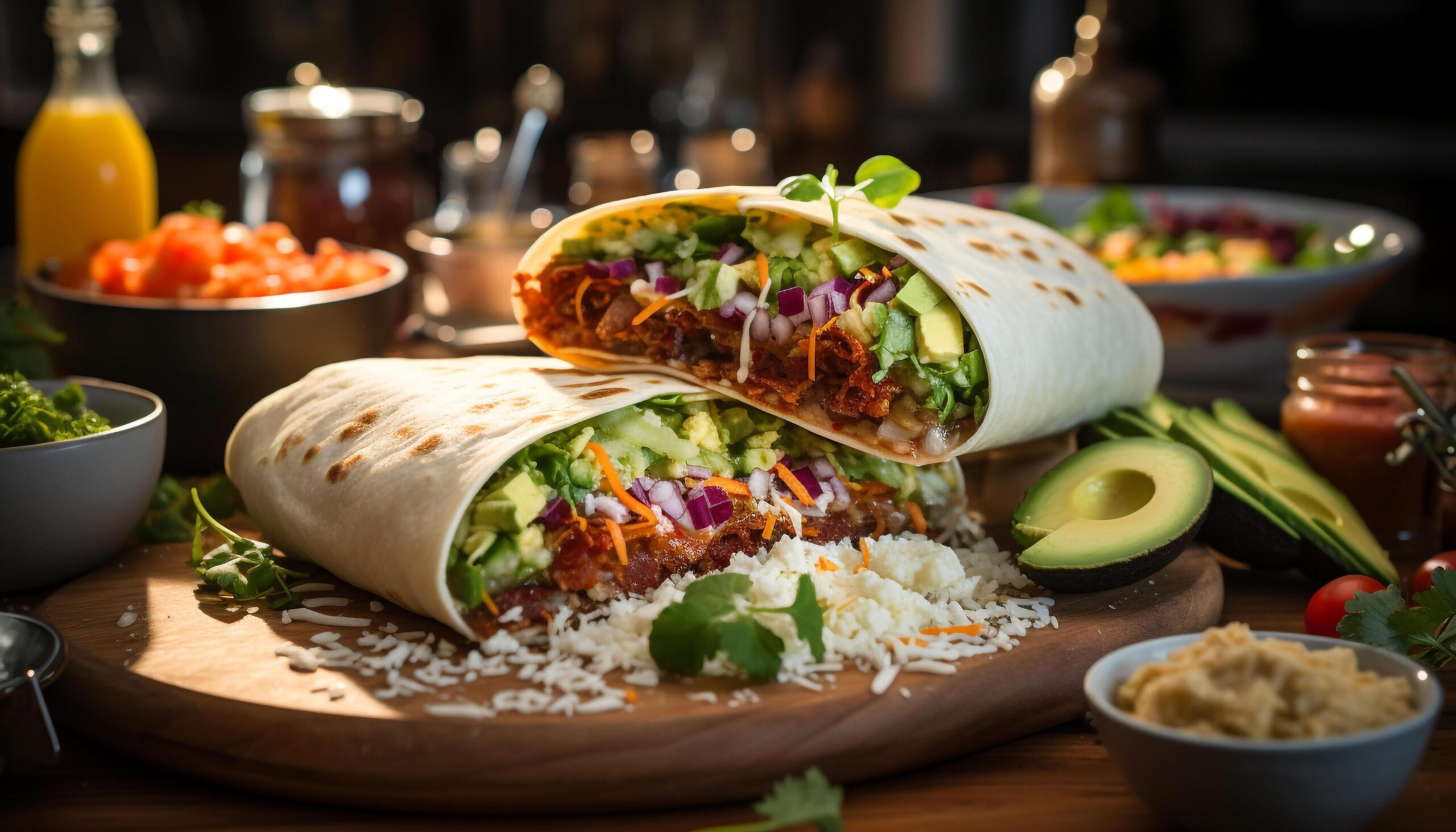 Ai-generated-homemade-mexican-burrito-grilled-beef-fresh-guacamole-spicy-salsa-generated-by-ai-free-photo
