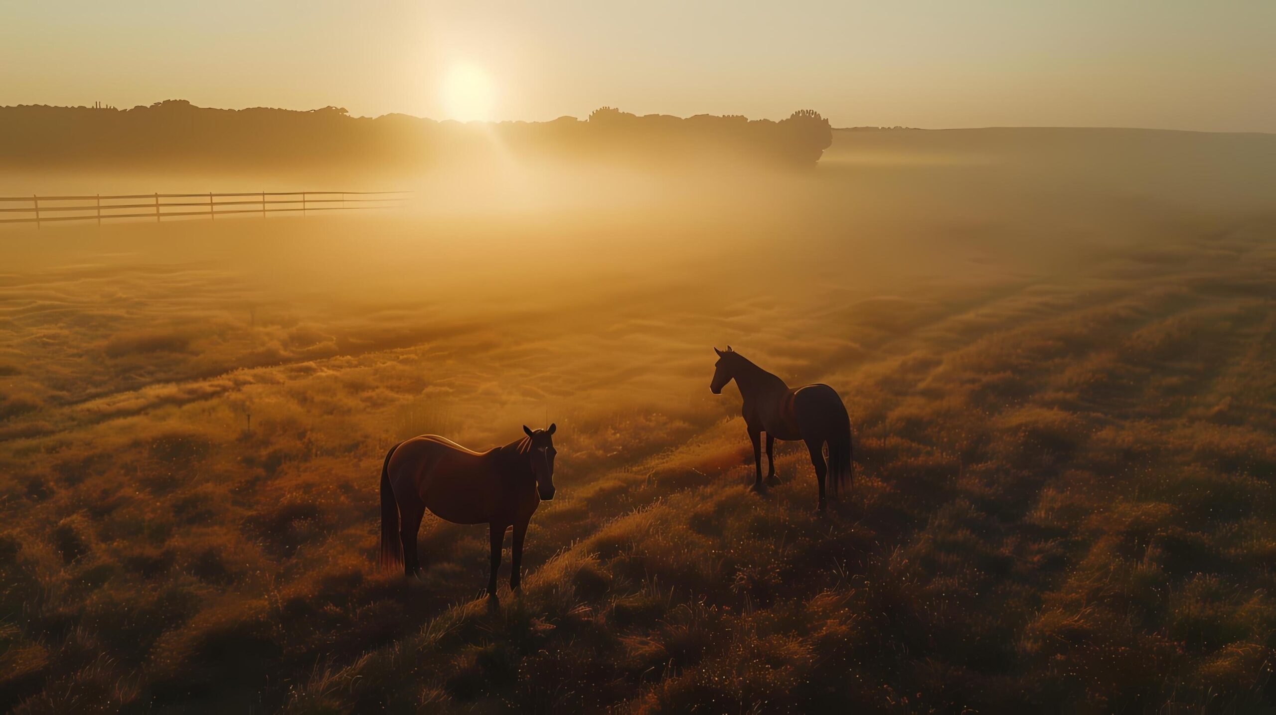 Ai-generated-horses-are-walking-freely-on-the-green-meadow-at-sunset-free-photo