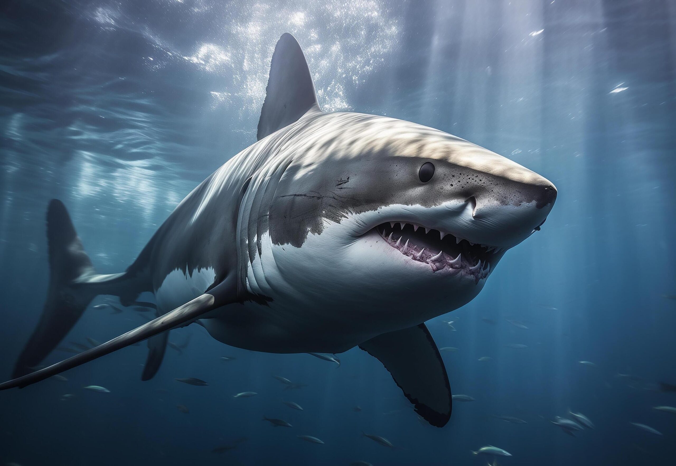 Ai-generated-huge-white-shark-in-blue-ocean-swims-under-water-generative-ai-free-photo