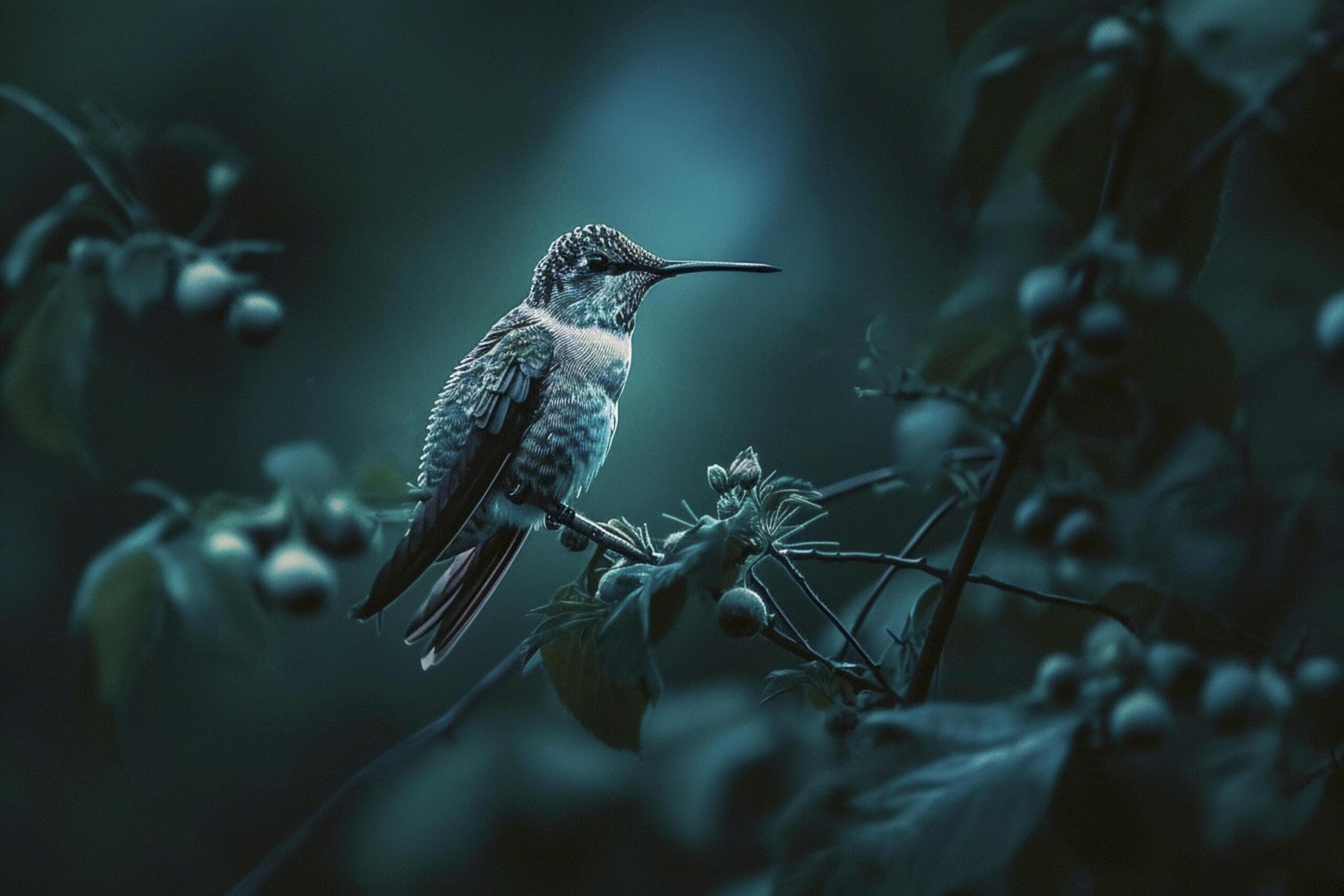 Ai-generated-hummingbird-perched-on-a-branch-illuminated-by-a-soft-blue-light-in-the-midst-of-darkness-ai-generated-free-photo