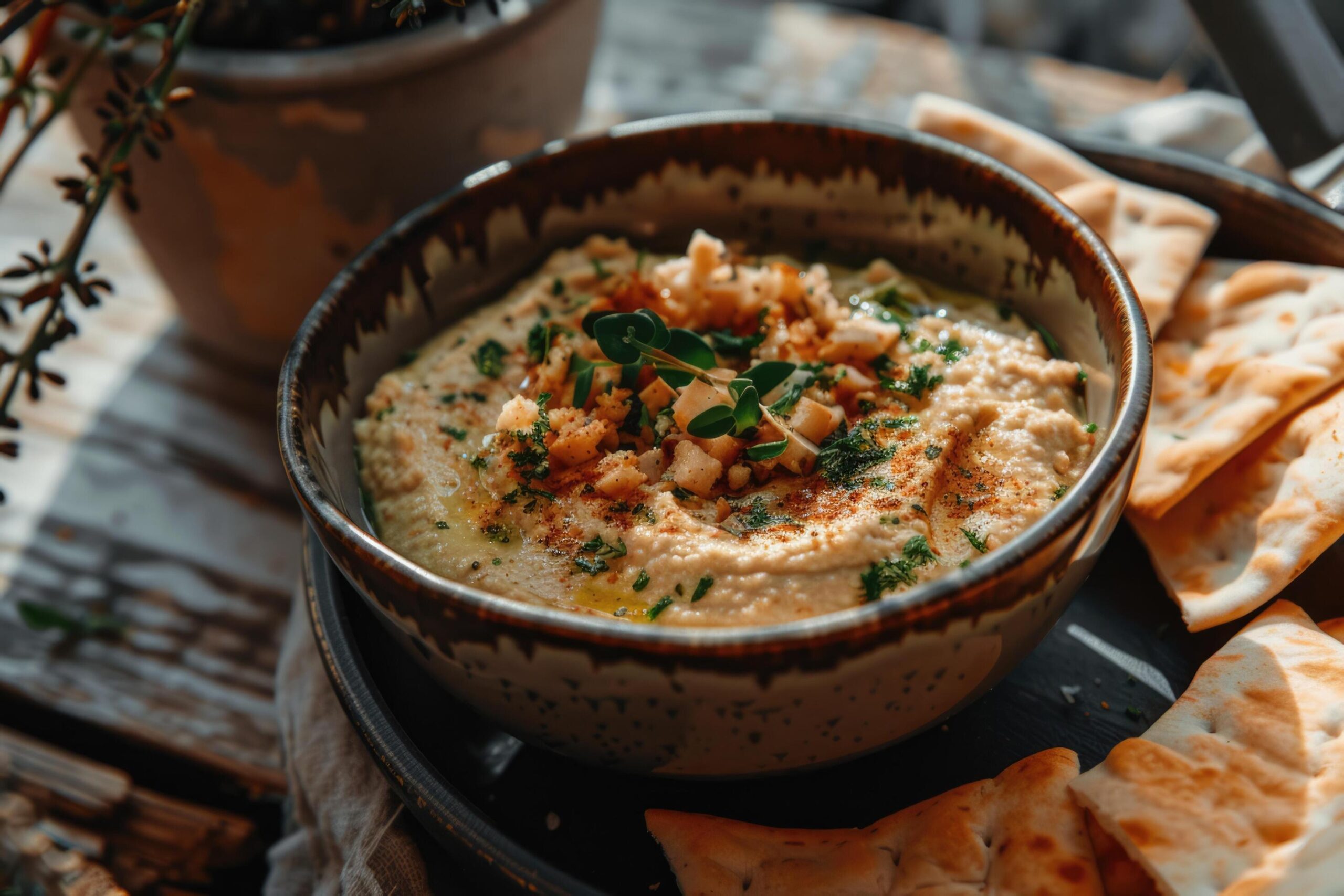 Ai-generated-hummus-dip-with-chickpea-parsley-olive-oil-pita-chips-free-photo