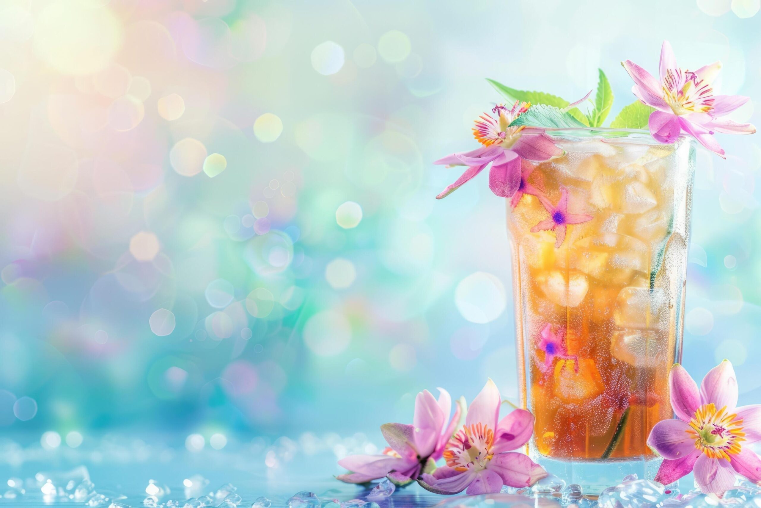 Ai-generated-ice-tea-with-passionflower-tropical-beach-background-space-for-text-free-photo