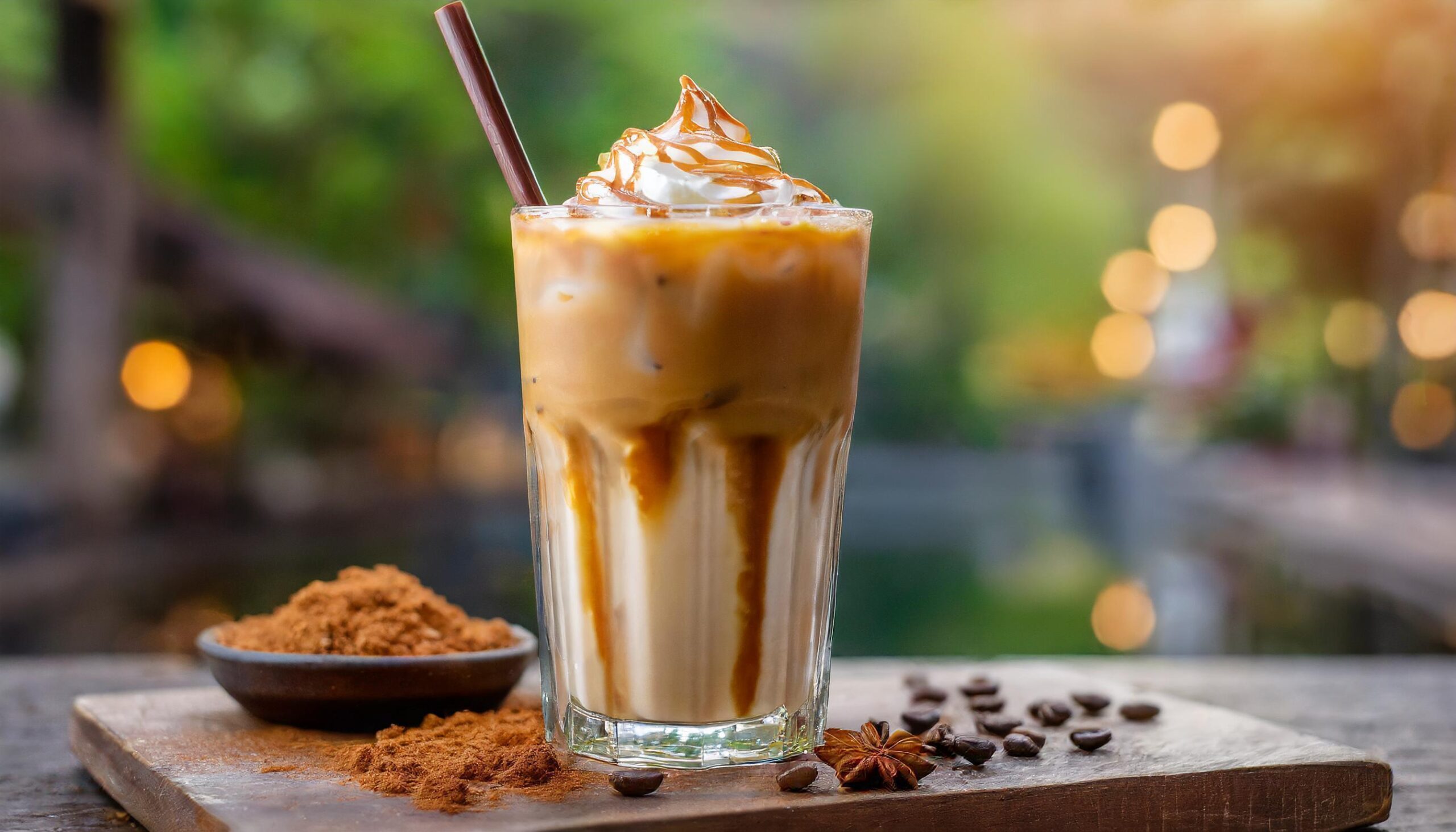 Ai-generated-iced-caramel-macchiato-in-a-tall-glass-with-blurred-background-free-photo