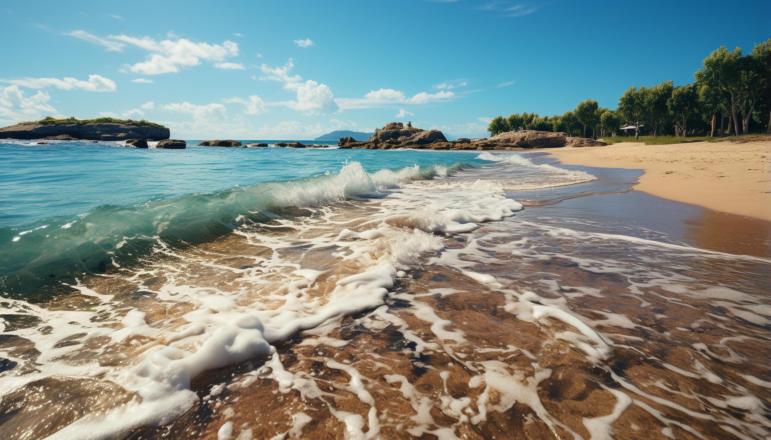 Ai-generated-idyllic-summer-coastline-blue-wave-sand-and-tranquil-waters-generated-by-ai-free-photo