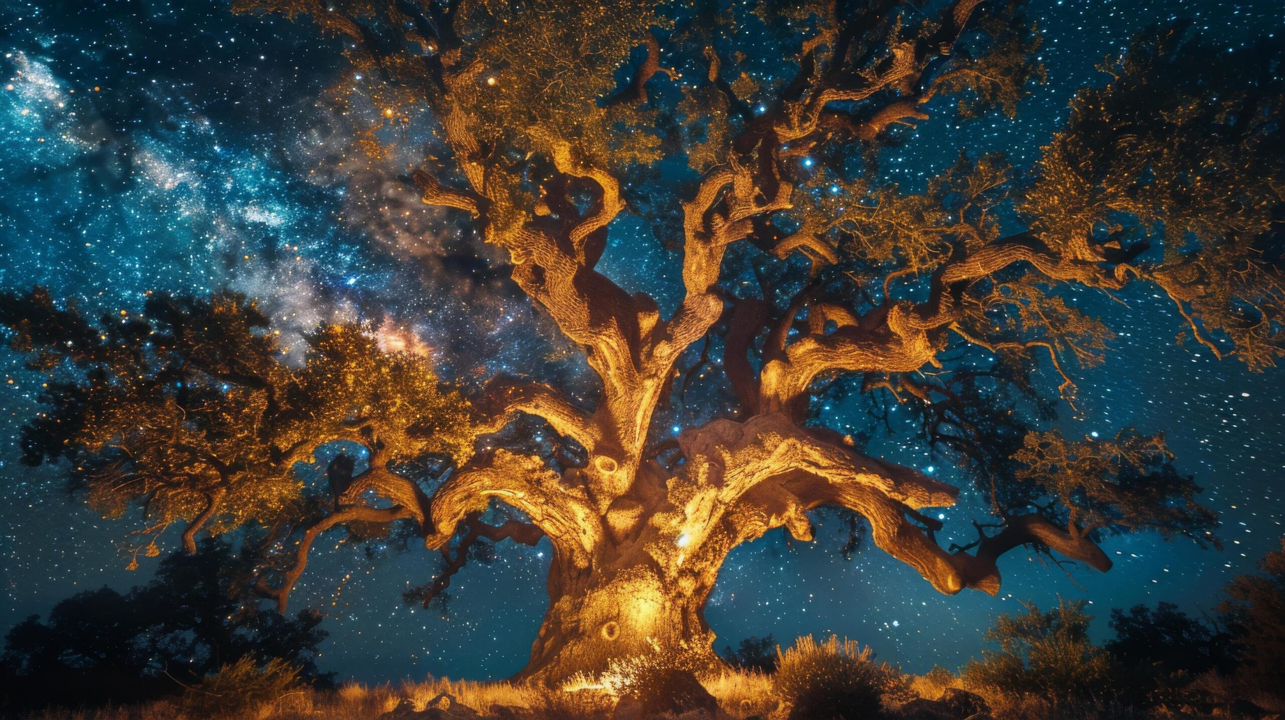 Ai-generated-illuminated-large-tree-in-lights-free-photo