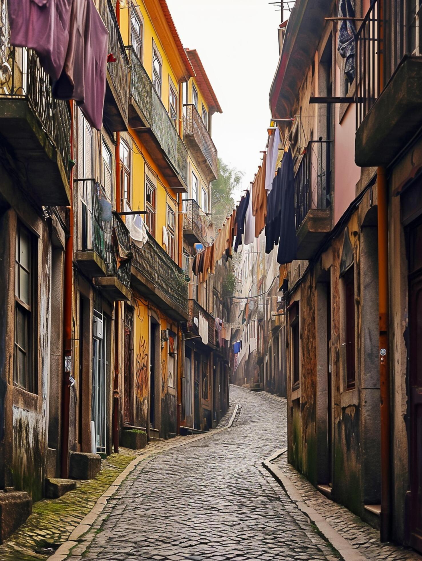 Ai-generated-image-captures-narrow-winding-cobblestone-street-lined-with-old-buildings-and-laundry-hanging-from-the-balconies-ai-generated-free-photo