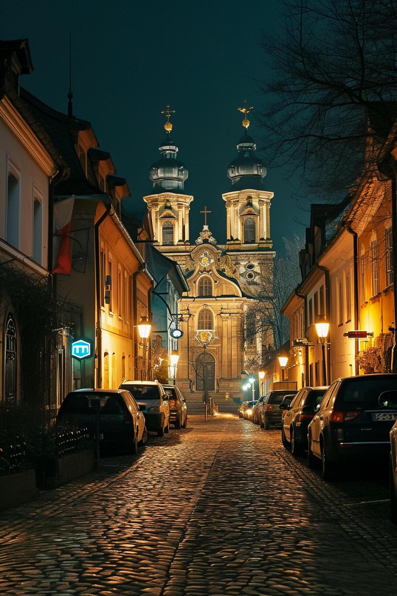 Ai-generated-image-of-beautifully-illuminated-baroque-style-church-nestled-between-classic-architectural-buildings-on-cobblestone-street-at-night-ai-generated-free-photo