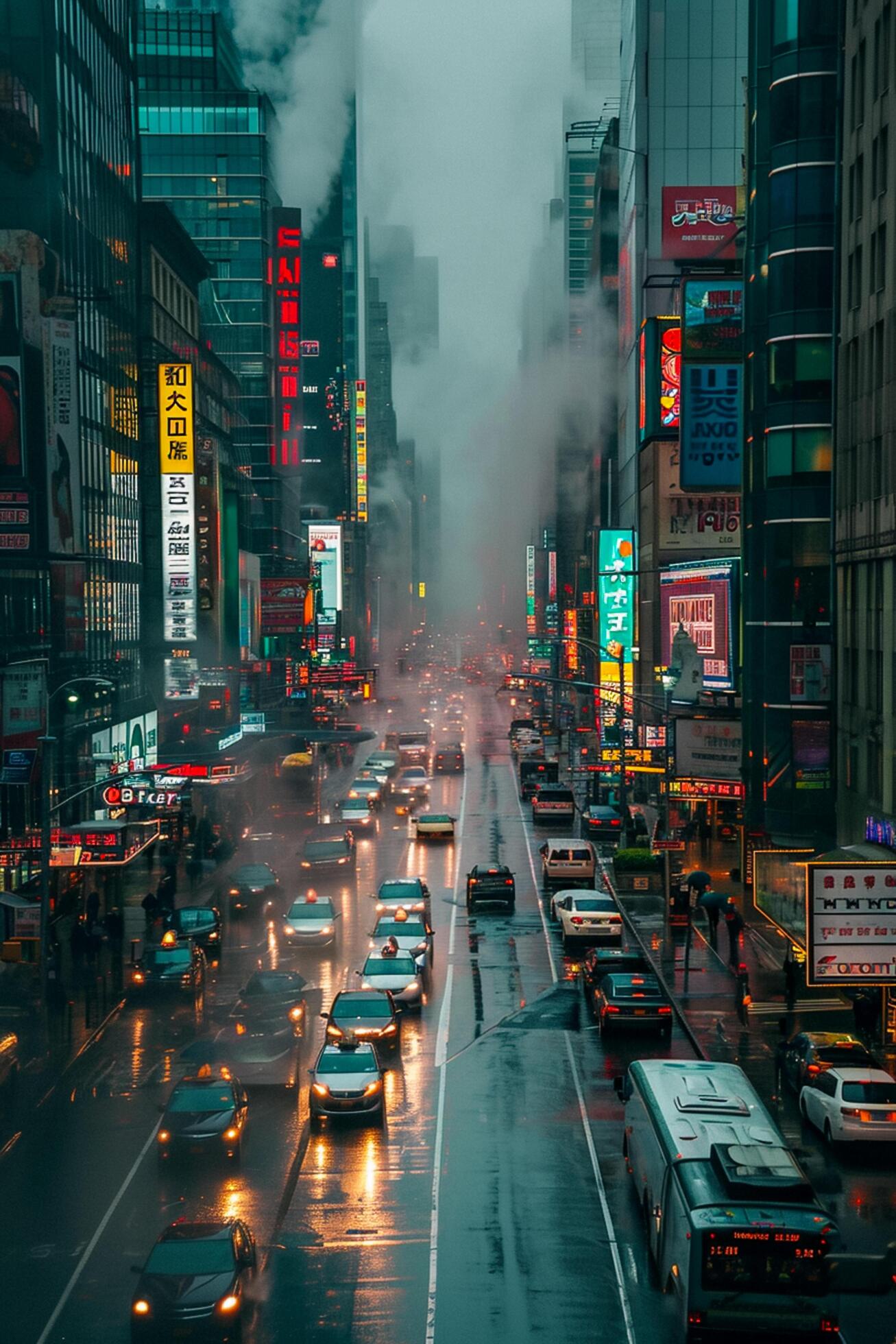 Ai-generated-image-of-city-street-on-rainy-day-buildings-landscape-the-road-should-be-wet-and-reflect-the-lights-from-numerous-vehicle-including-cars-and-truck-ai-generated-free-photo