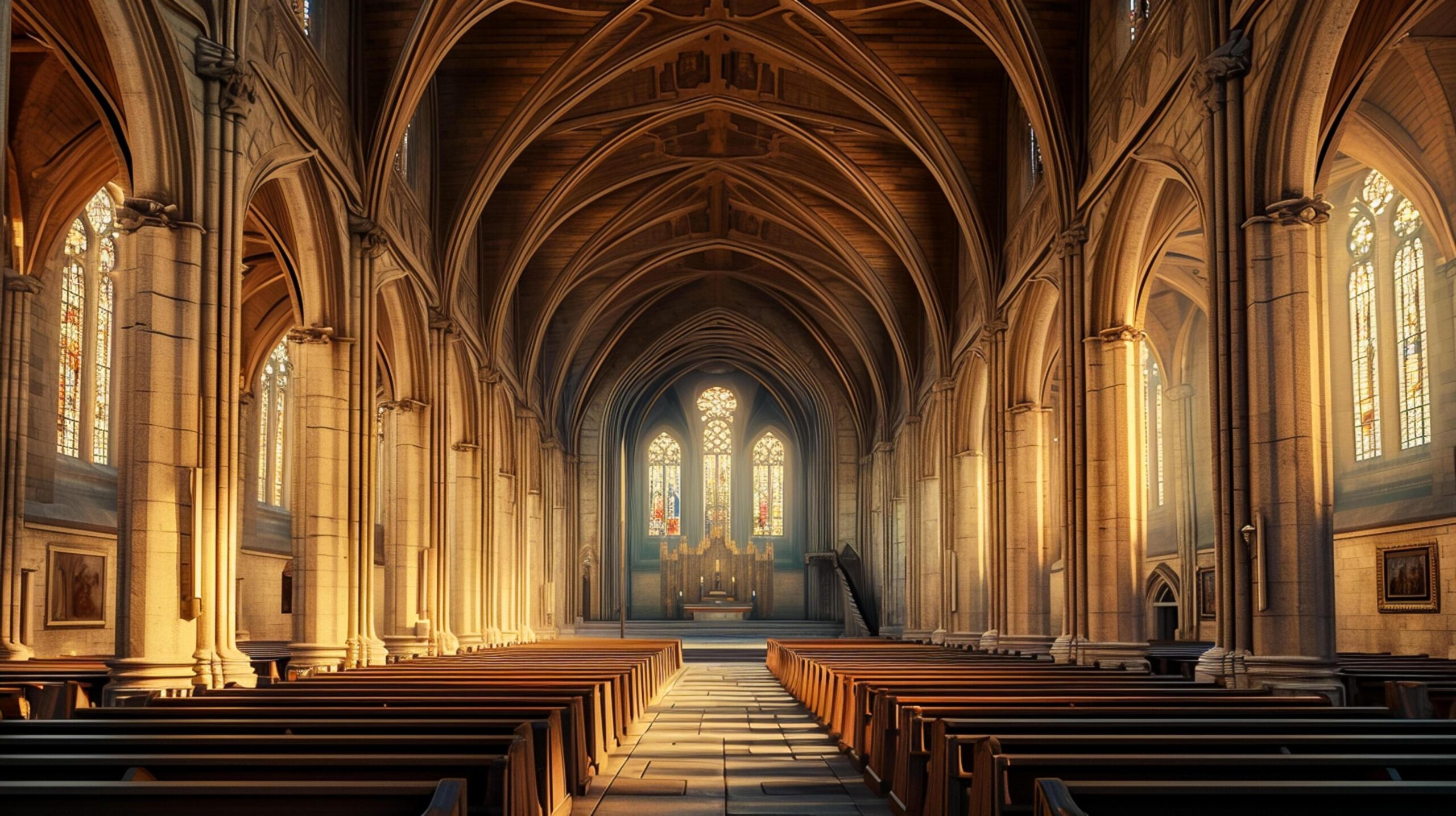 Ai-generated-image-of-grand-cathedral-interior-with-towering-stone-arches-wood-pews-should-be-aligned-ai-generated-free-photo