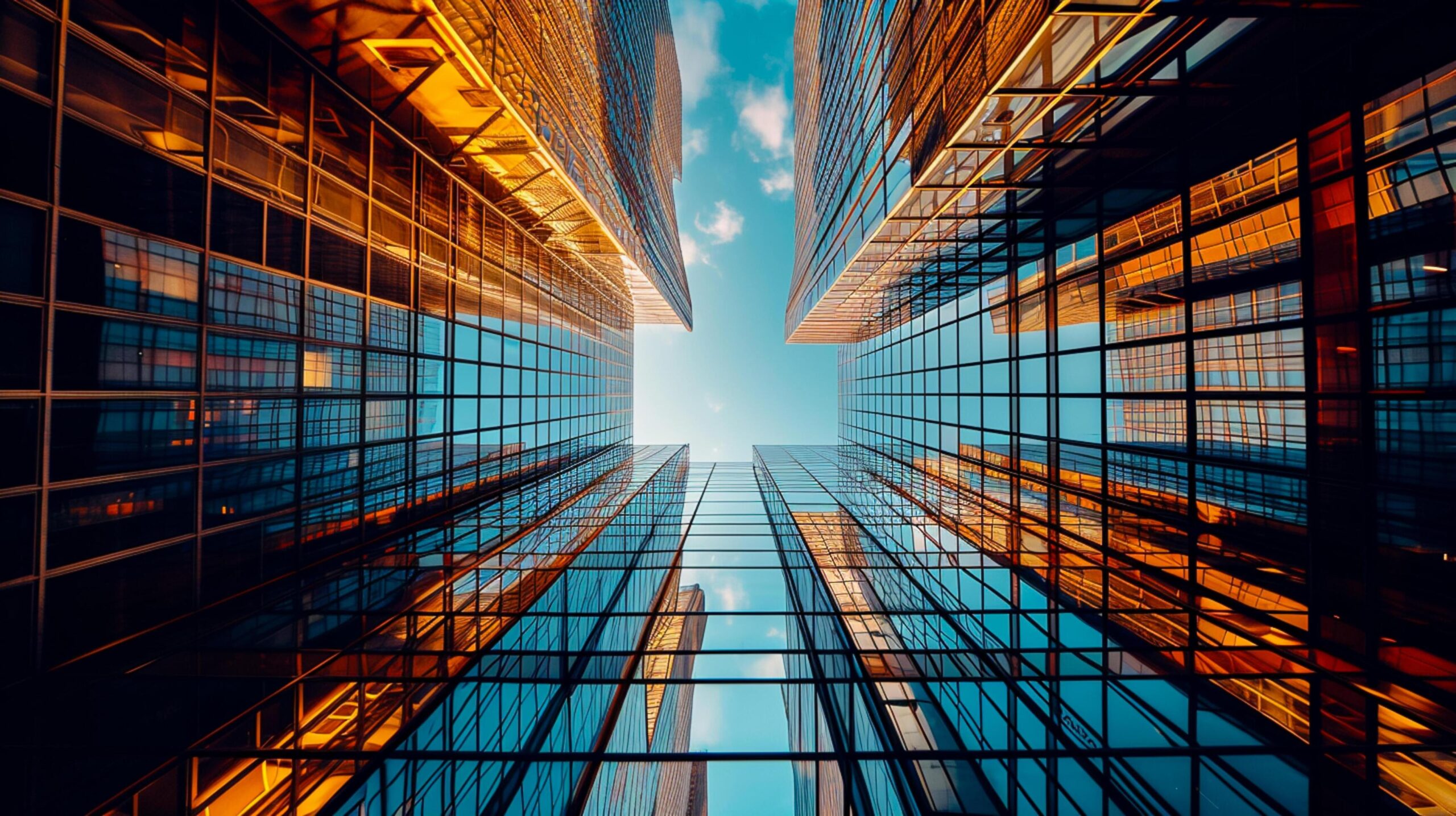 Ai-generated-image-shows-low-angle-view-of-two-tall-buildings-converging-into-the-sky-both-buildings-are-made-of-reflective-glass-that-mirrors-the-surrounding-environment-ai-generated-free-photo