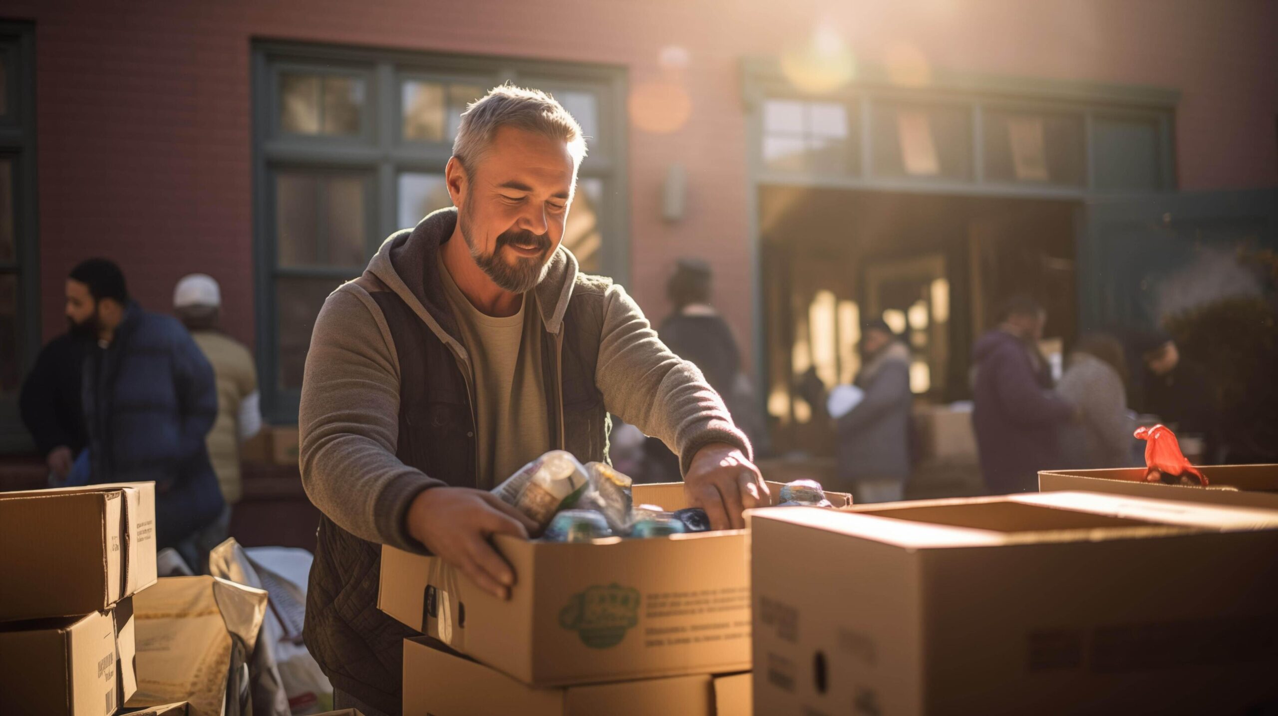Ai-generated-in-the-heart-of-a-bustling-community-center-a-mature-man-clad-in-a-worn-out-sweater-sifts-through-boxes-of-donated-food-and-water-free-photo