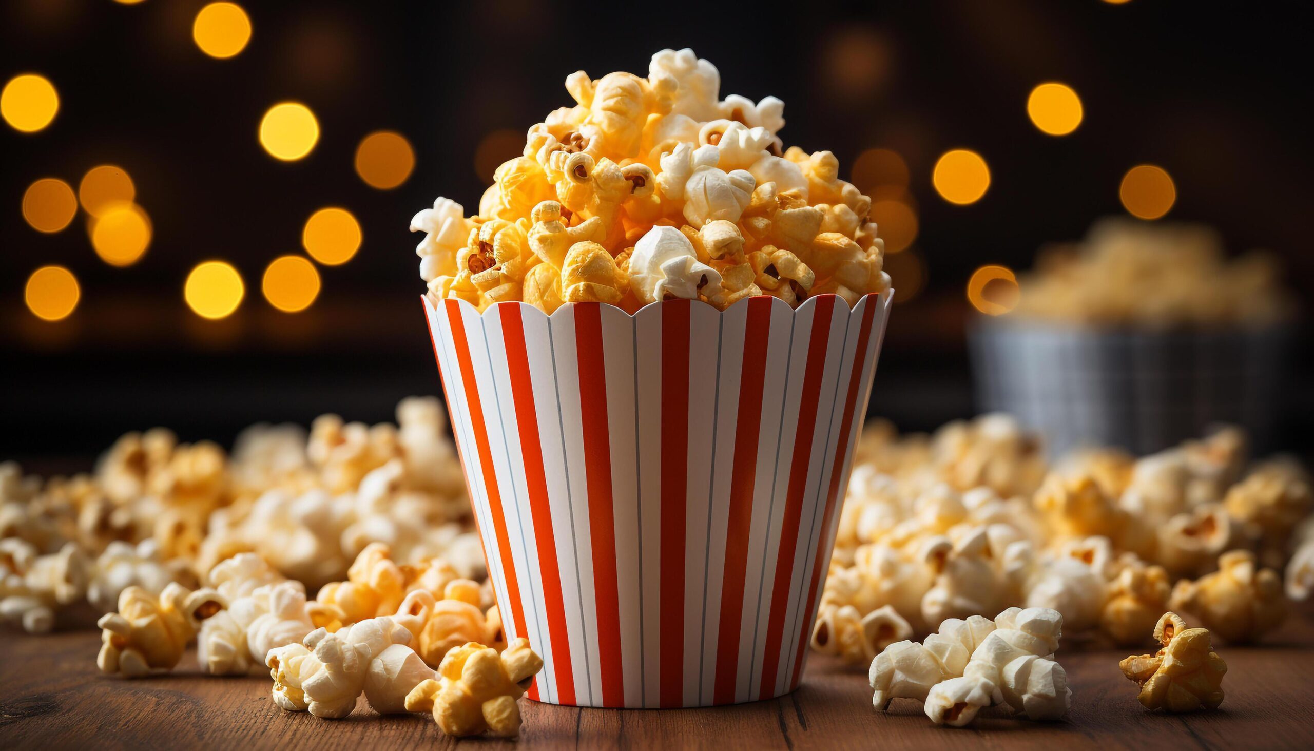 Ai-generated-indulgent-movie-snack-fluffy-popcorn-in-yellow-striped-bucket-generated-by-ai-free-photo