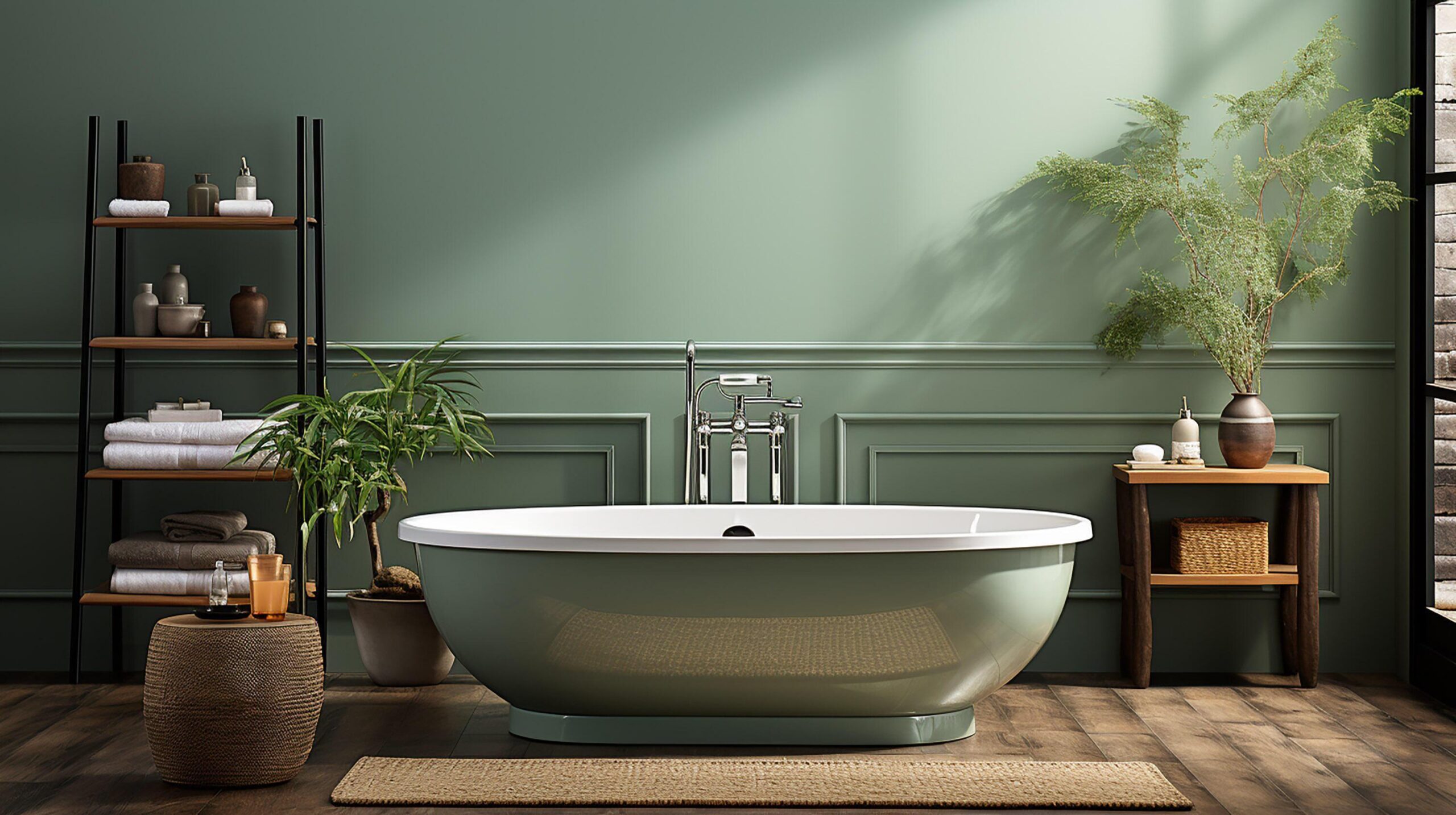 Ai-generated-interior-of-modern-bathroom-with-green-walls-wooden-floor-comfortable-bathtub-and-double-sink-with-mirror-free-photo