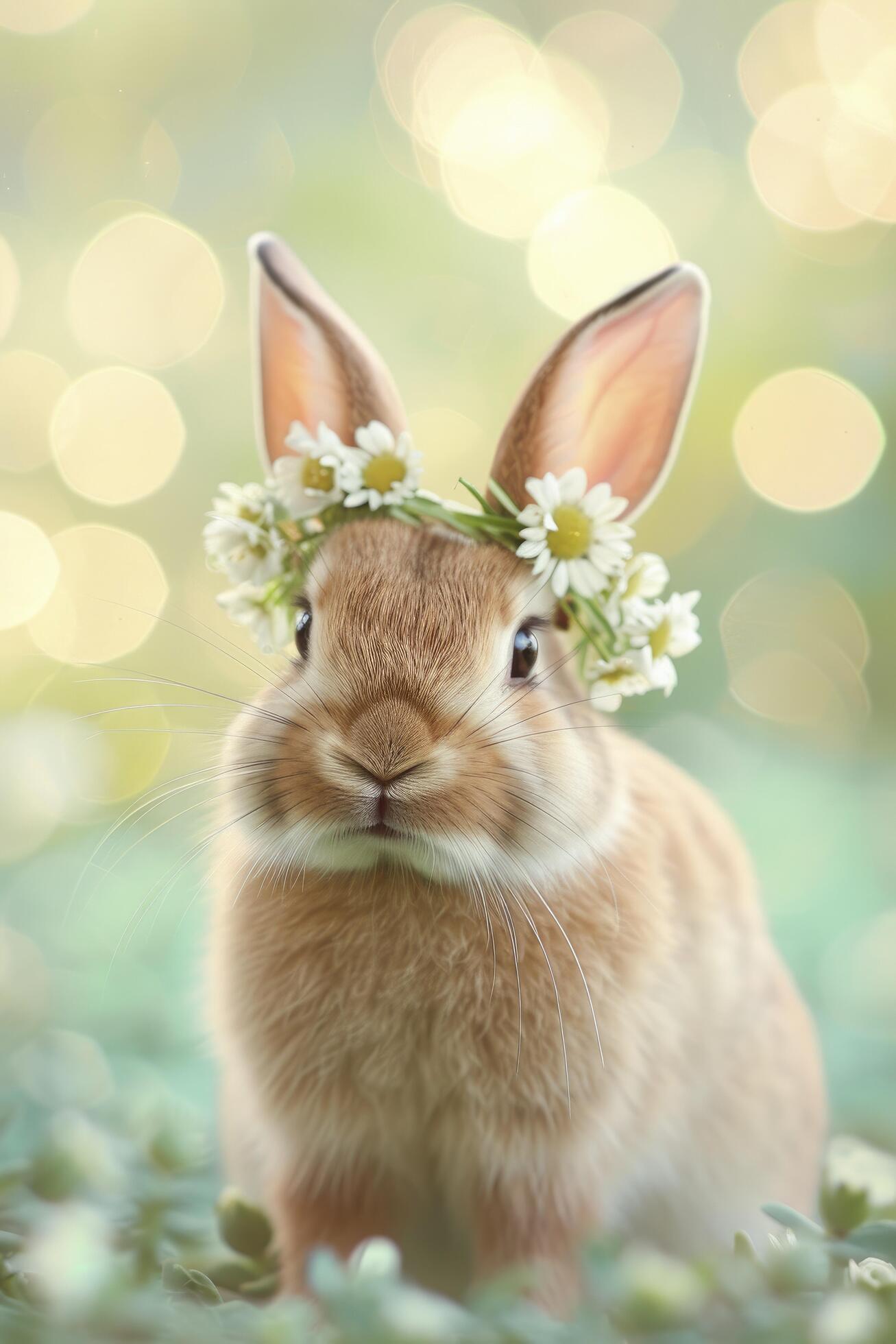 Ai-generated-joyful-brown-rabbit-with-meadow-flower-crown-on-bokeh-background-a-whimsical-portrait-of-cuteness-for-easter-bunny-festival-free-photo