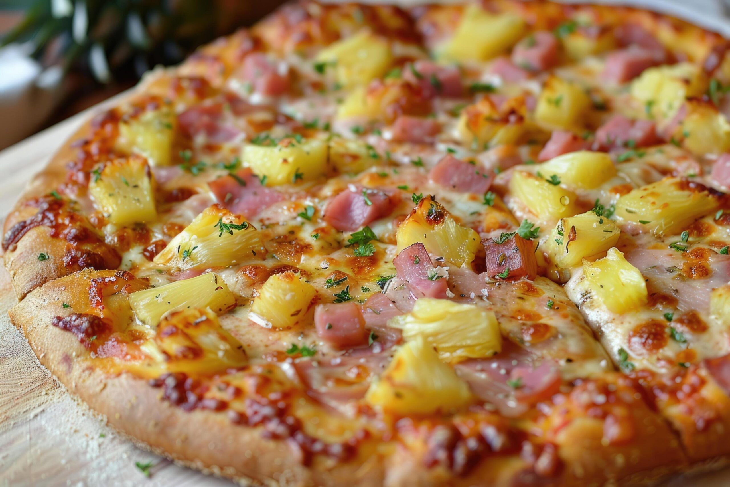 Ai-generated-just-baked-hawaiian-pizza-with-pineapple-and-ham-on-wooden-board-free-photo