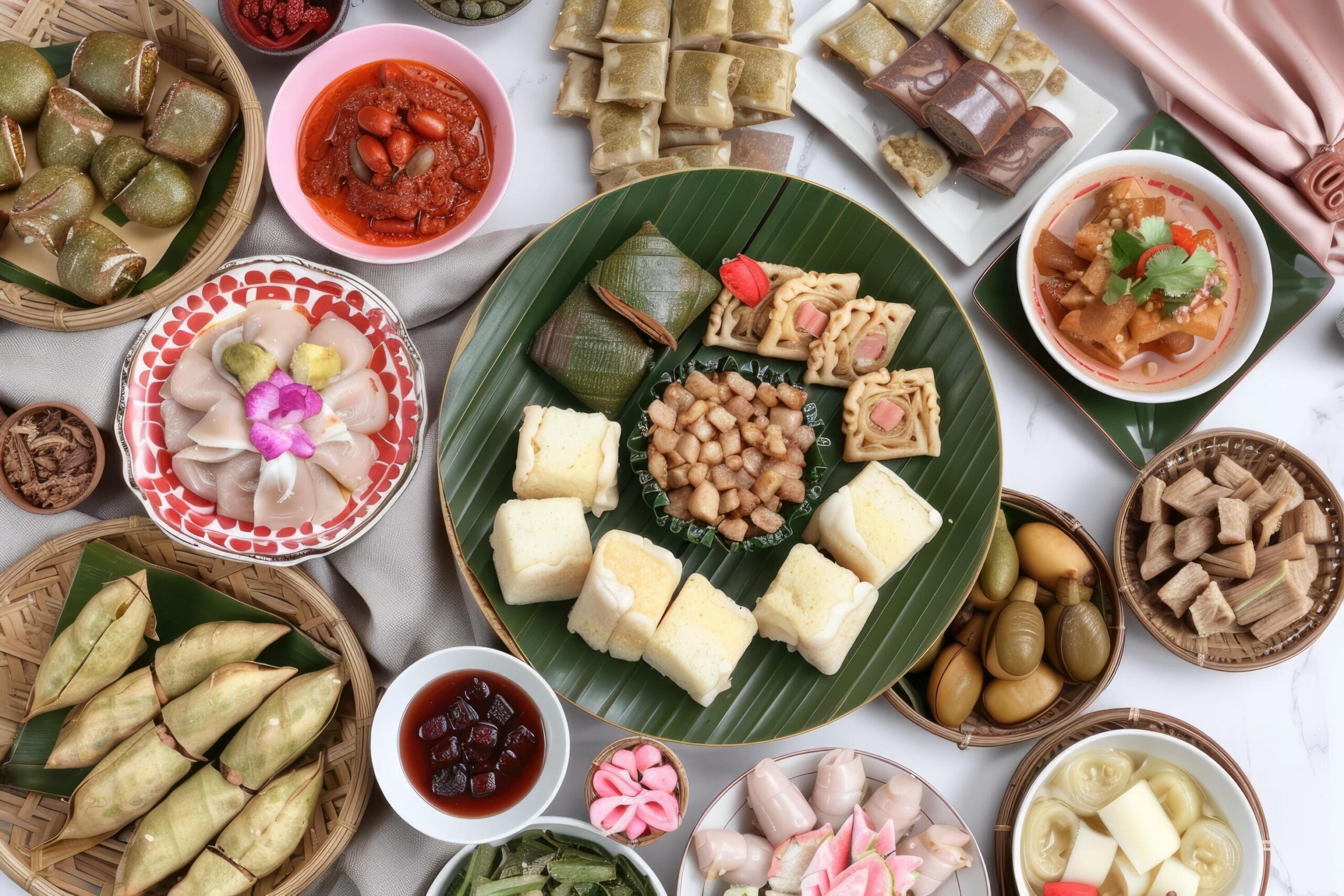 Ai-generated-ketupat-lebaran-menu-indonesian-celebratory-dish-rice-cake-various-side-dishes-eid-celebrations-free-photo