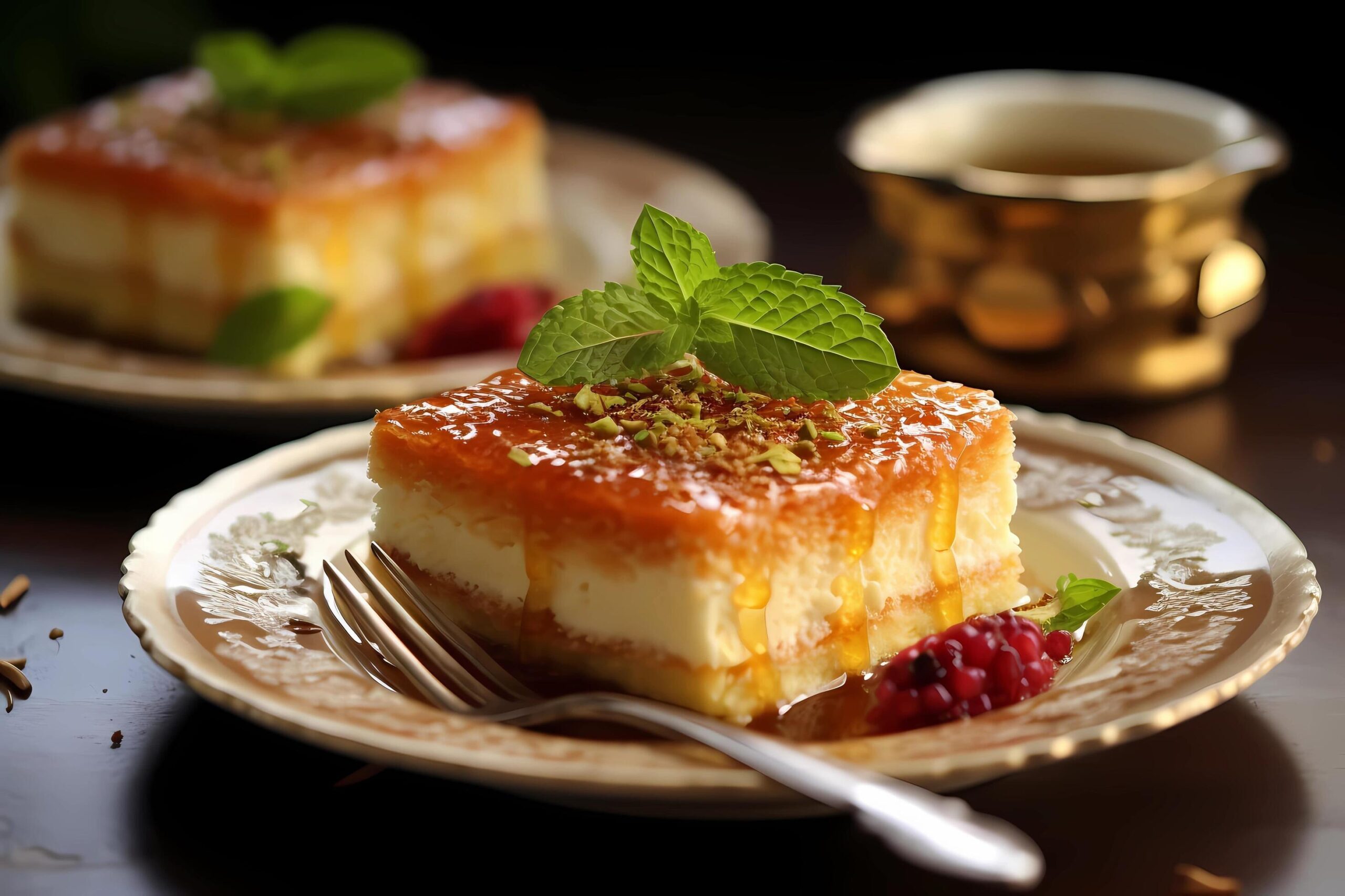 Ai-generated-knafeh-popular-in-middle-eastern-cuisines-a-cheese-pastry-soaked-in-sweet-syrup-and-topped-with-crushed-pistachios-offering-a-delightful-combination-of-sweet-and-savory-flavors-free-photo