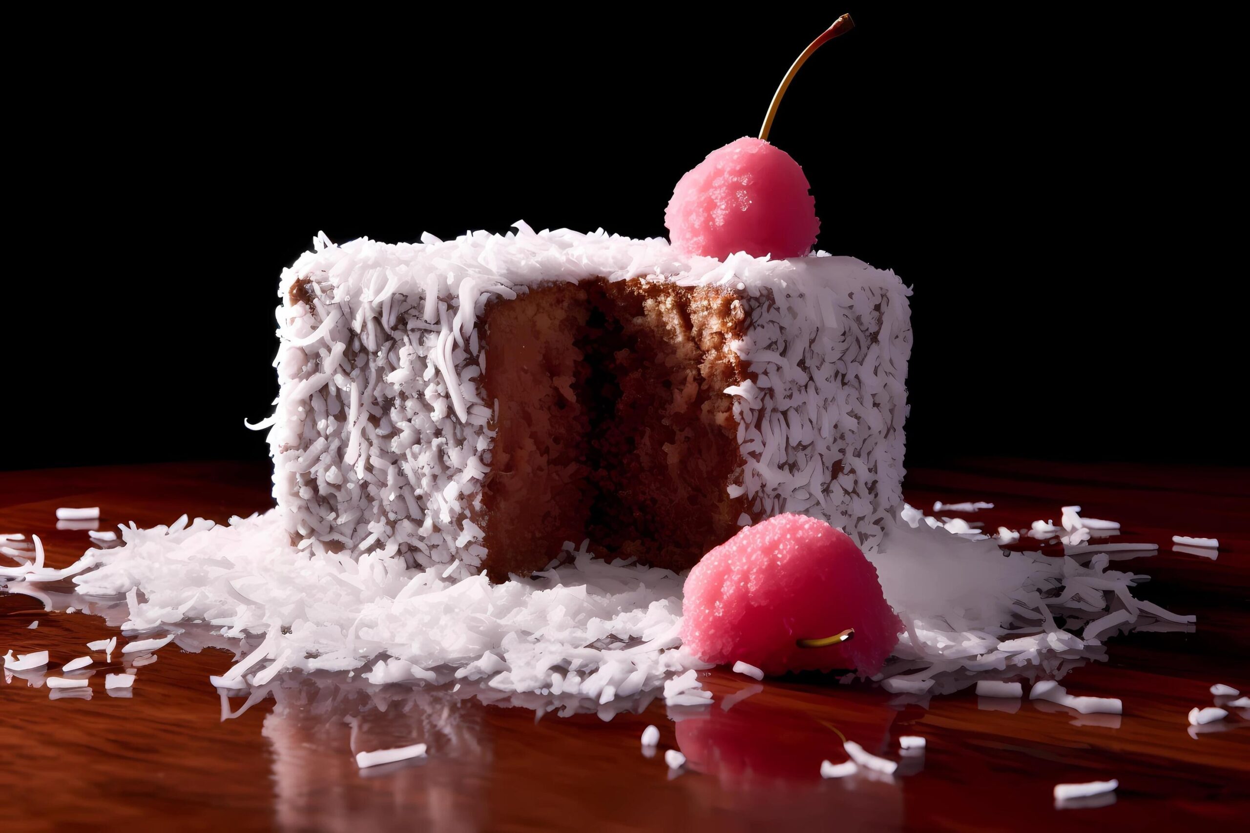 Ai-generated-lamington-originating-in-australia-a-lamington-is-a-sponge-cake-square-dipped-in-chocolate-icing-and-coated-with-desiccated-coconut-free-photo