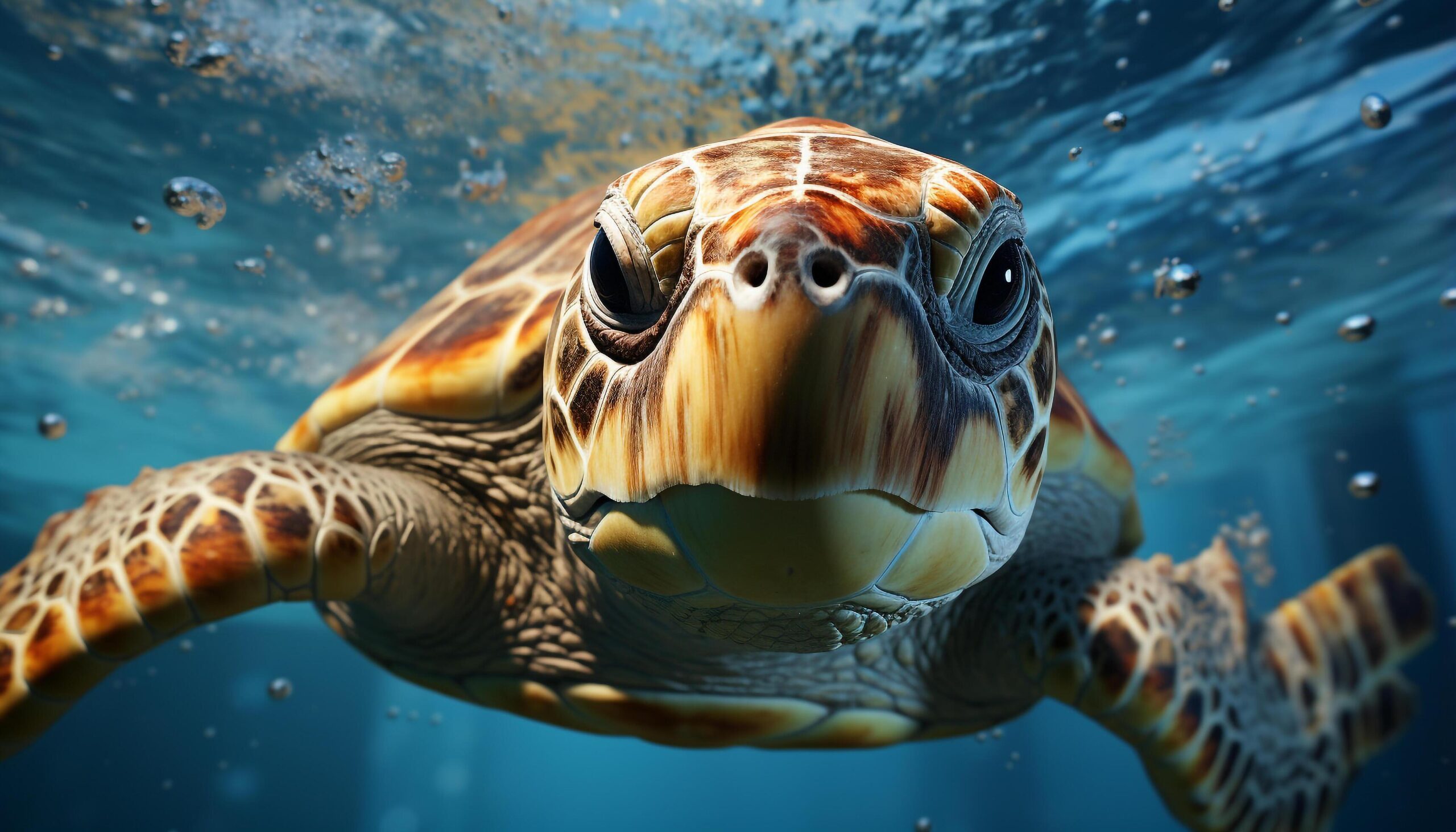 Ai-generated-large-sea-turtle-swimming-underwater-looking-at-camera-generated-by-ai-free-photo
