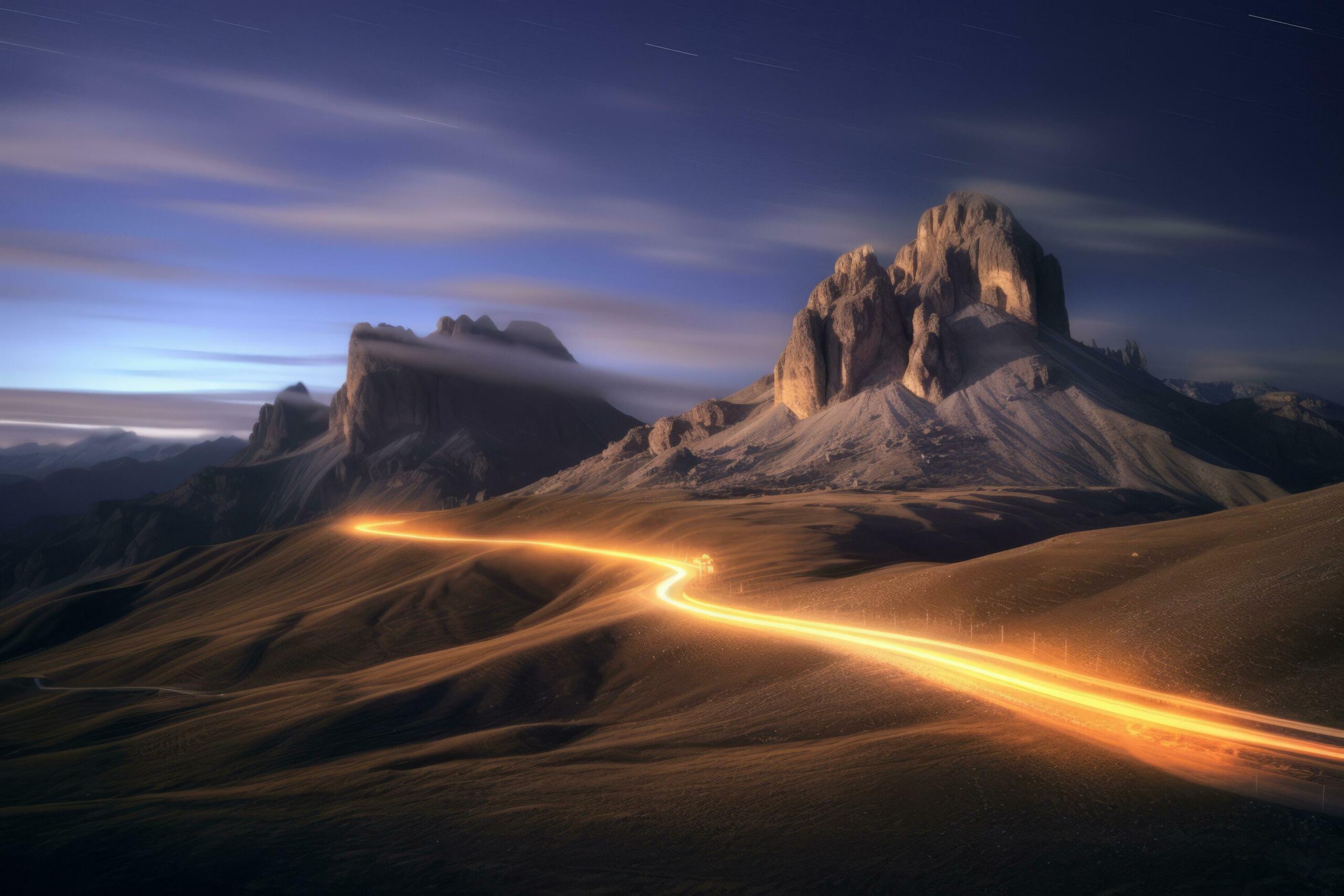 Ai-generated-light-trails-of-car-over-the-night-mountain-free-photo