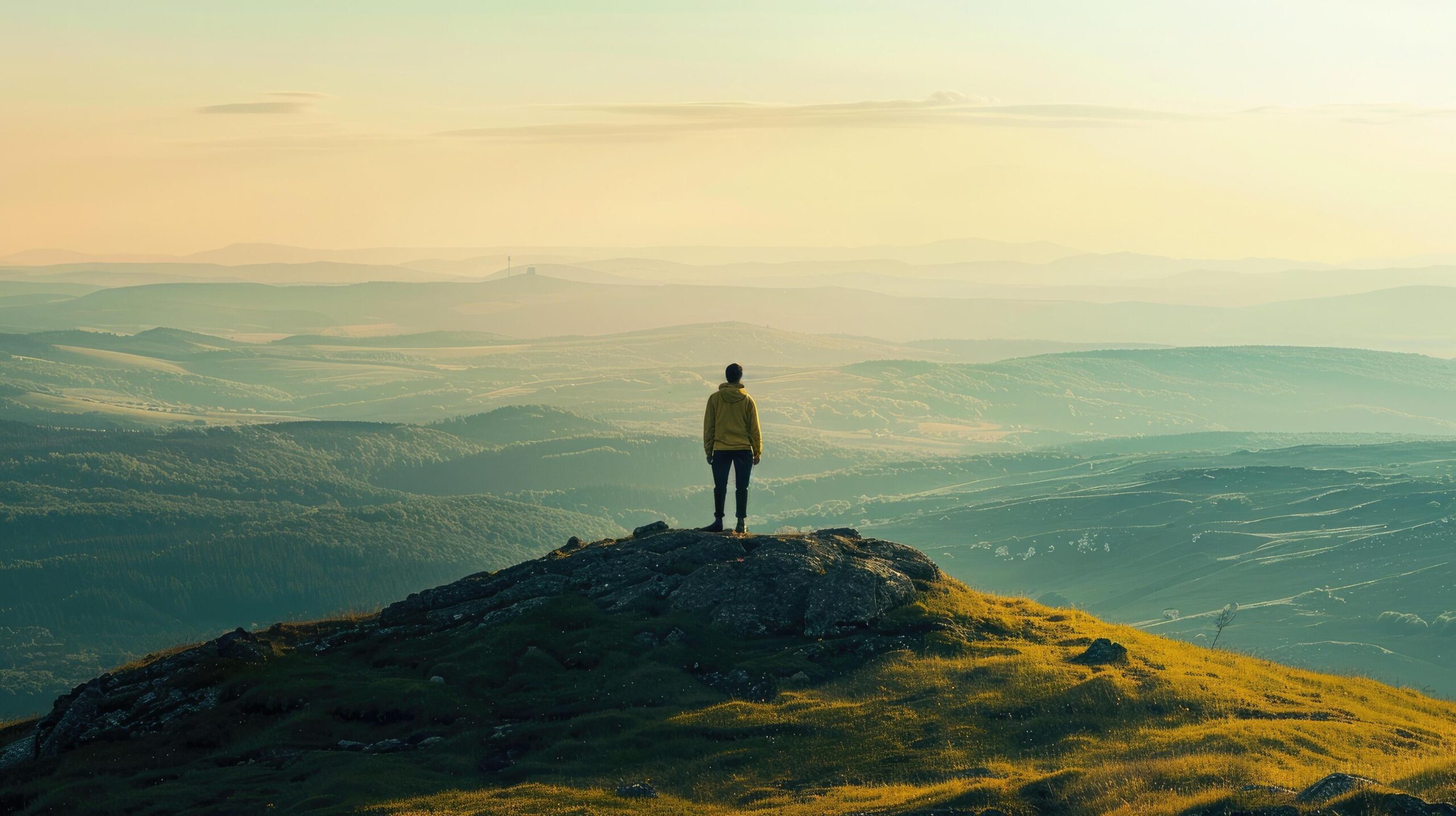 Ai-generated-lone-adventurer-stands-on-a-mountain-peak-at-sunset-overlooking-a-vast-landscape-free-photo