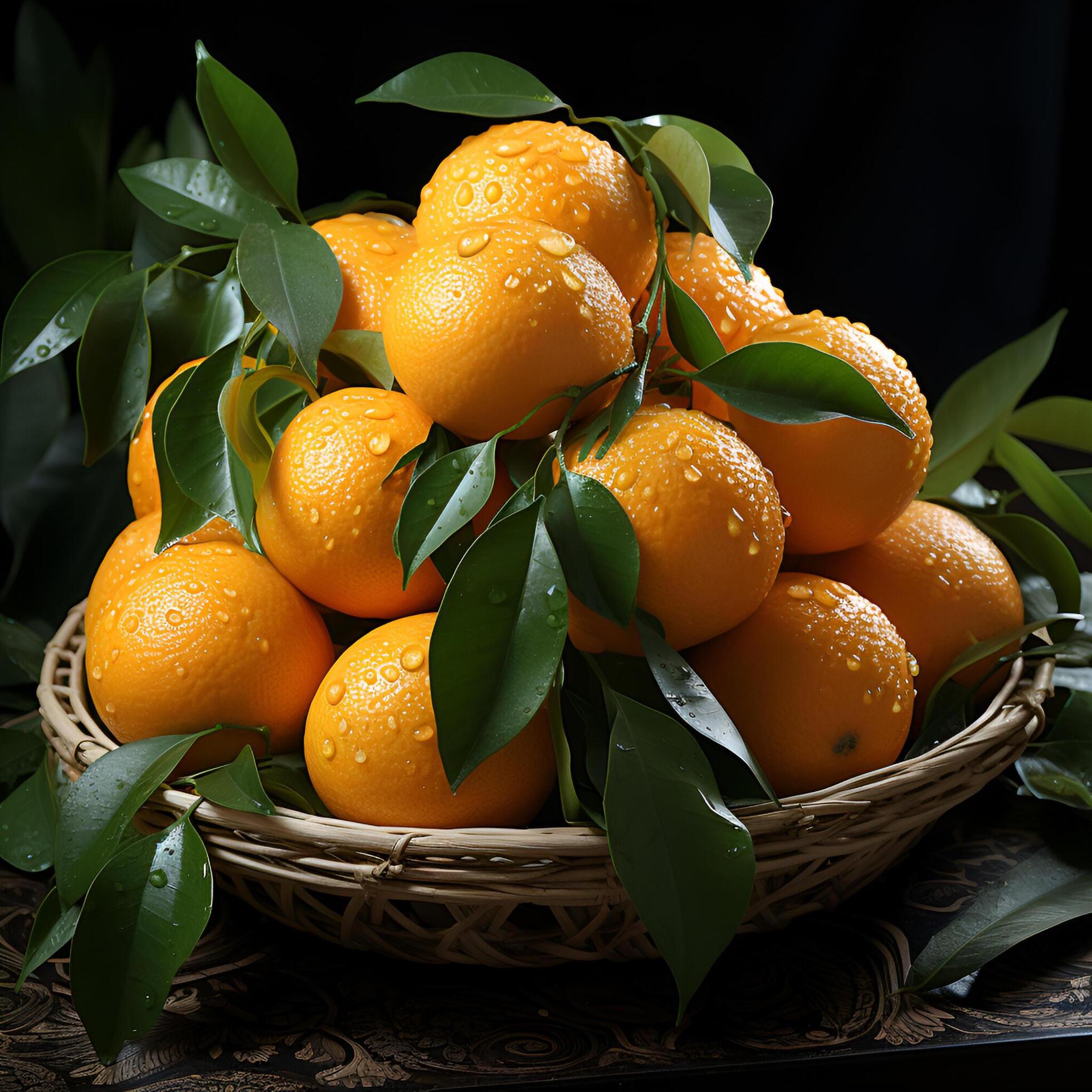 Ai-generated-lots-of-fresh-oranges-in-a-basket-isolated-on-the-dark-background-free-photo