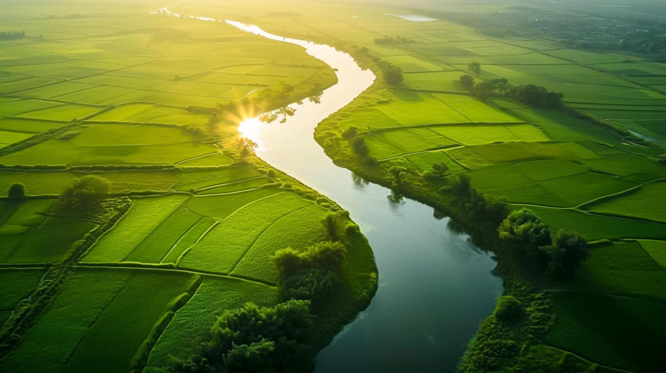 Ai-generated-lush-green-landscape-intersected-by-calm-river-the-sun-casting-long-shadows-the-river-should-meander-through-the-landscape-reflecting-the-sky-and-surrounding-greenery-ai-generated-free-photo