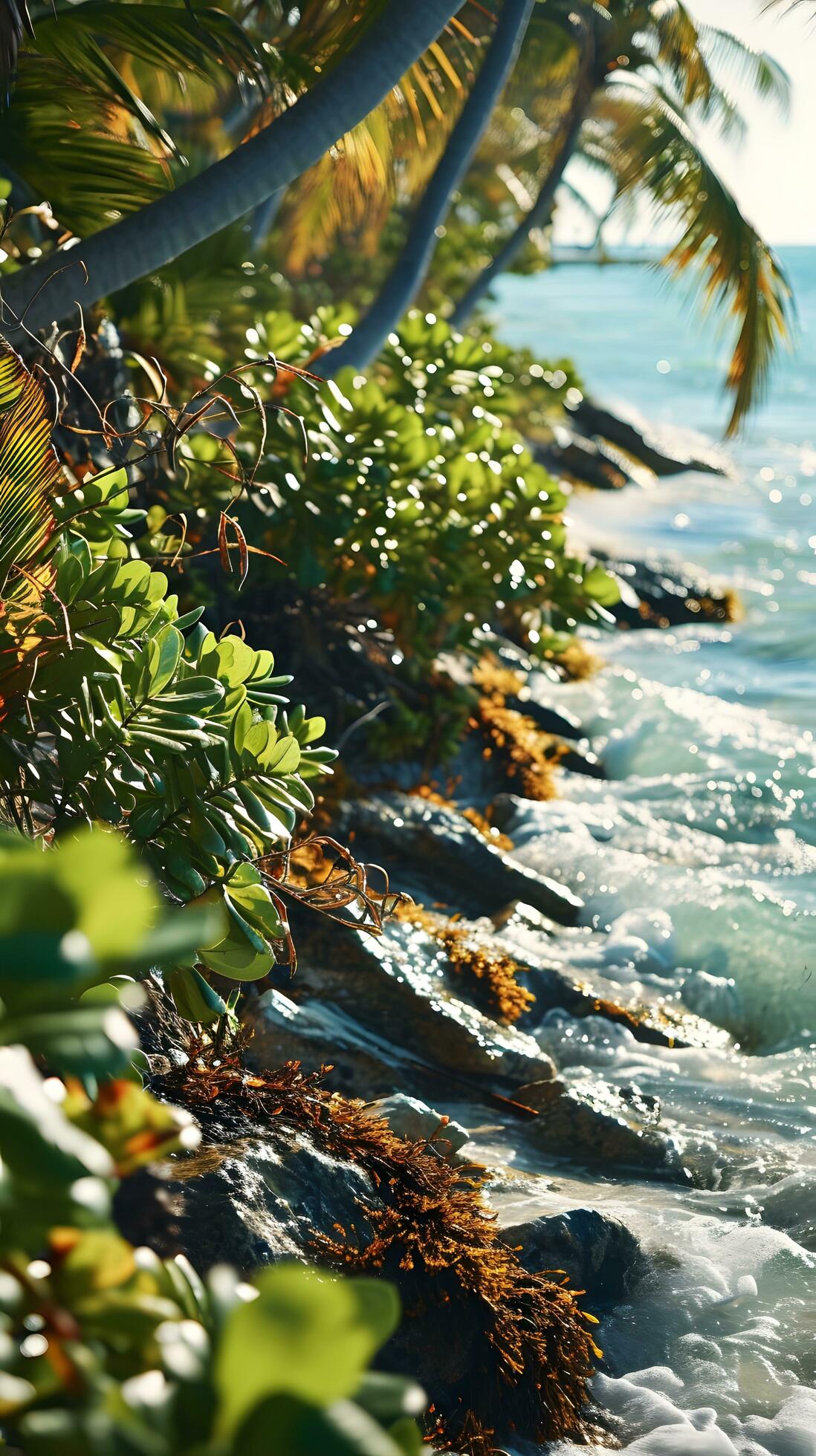 Ai-generated-lush-tropical-foliage-along-a-sun-kissed-shoreline-free-photo