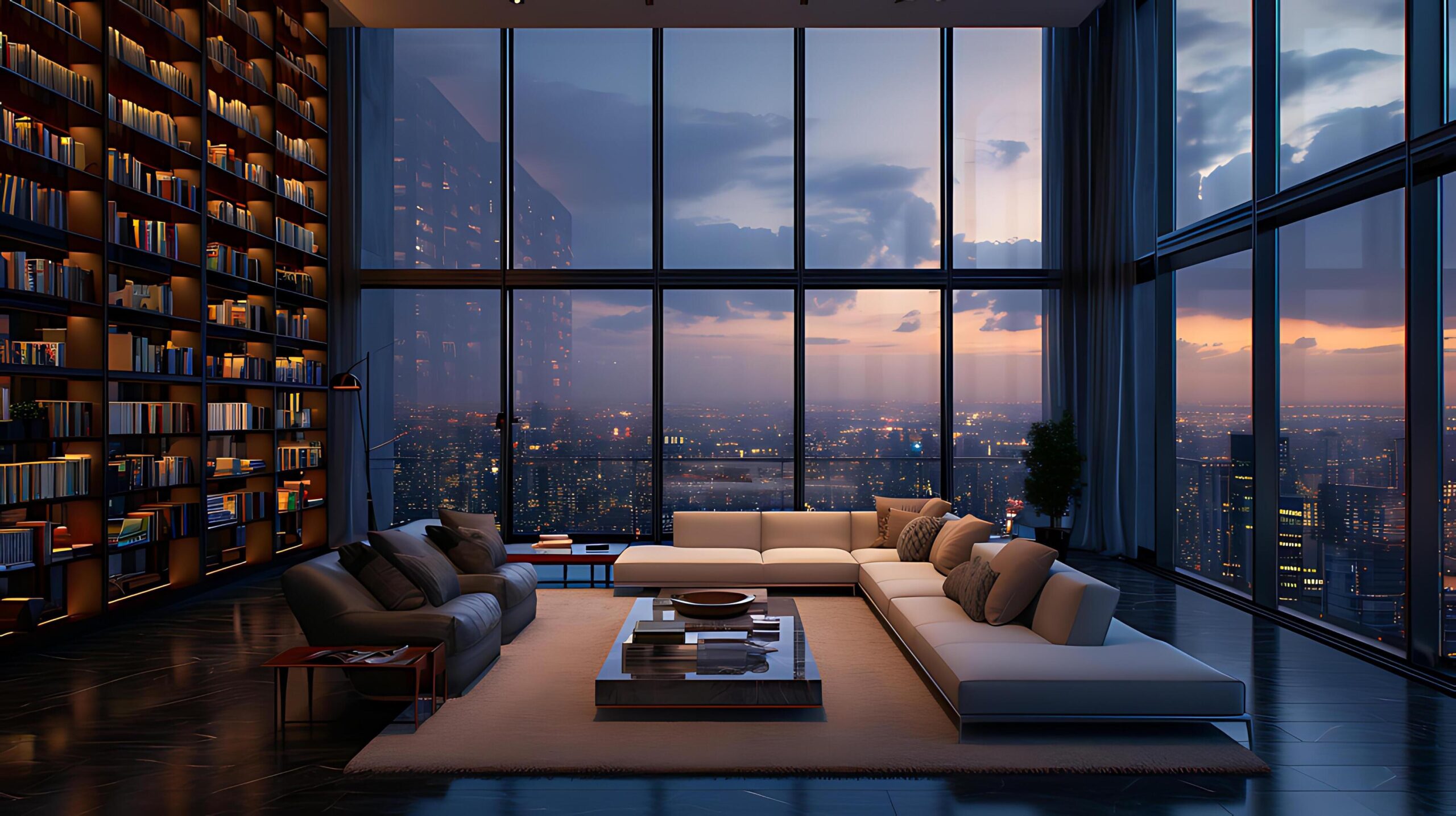 Ai-generated-luxury-high-rise-apartment-living-room-with-cityscape-view-at-twilight-free-photo