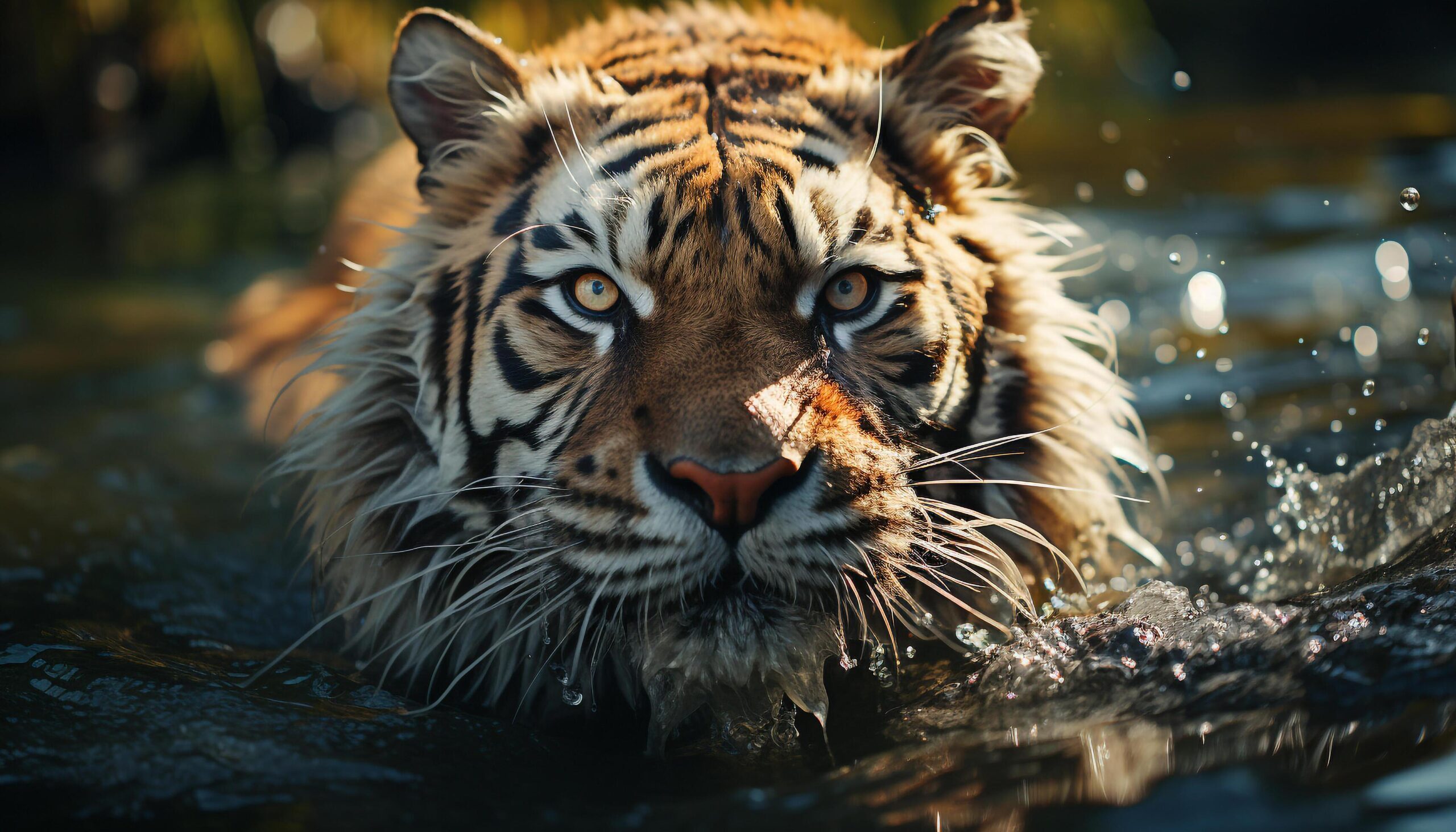Ai-generated-majestic-bengal-tiger-staring-reflecting-in-tranquil-pond-wild-beauty-generated-by-ai-free-photo