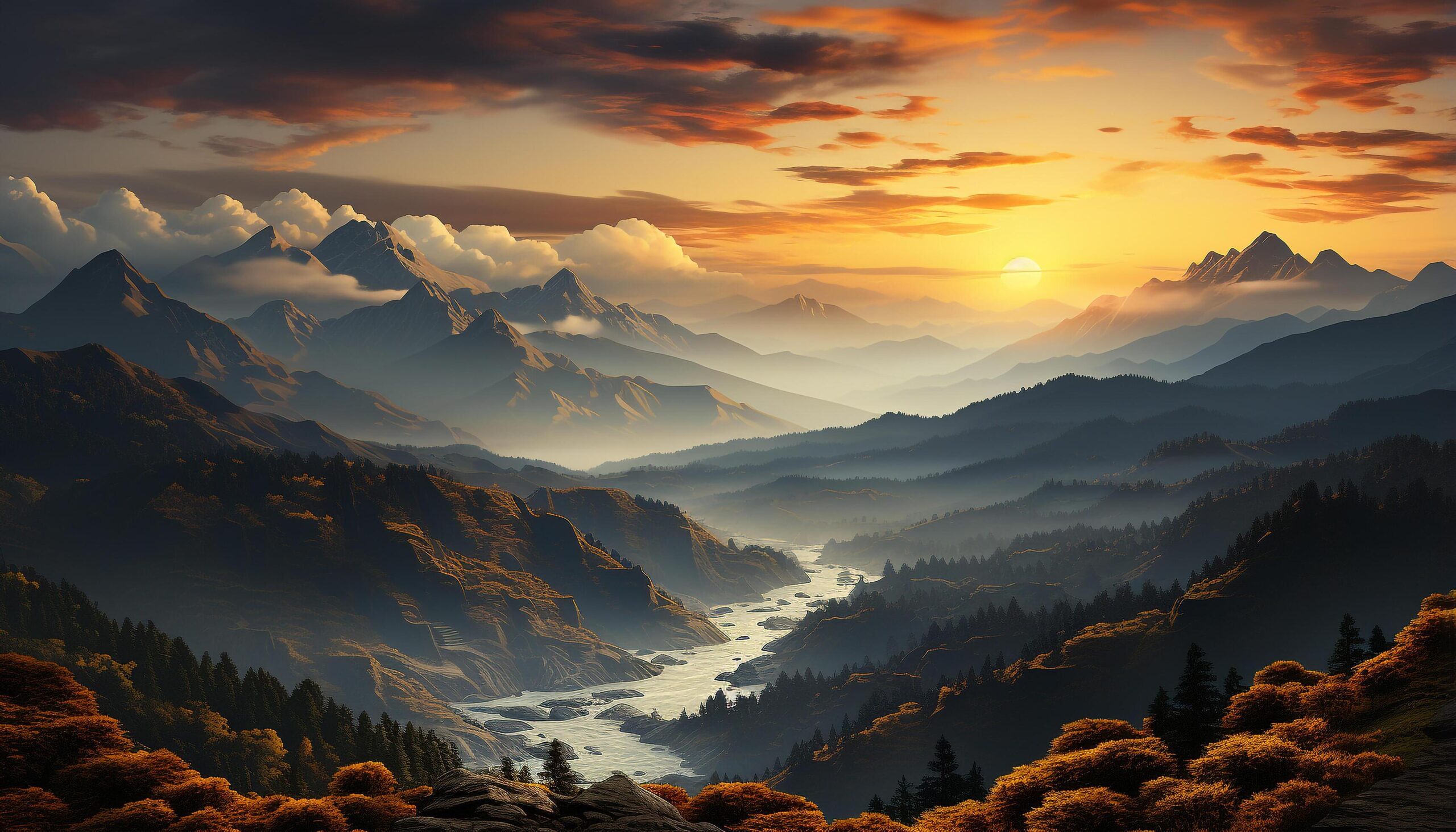 Ai-generated-majestic-mountain-peak-silhouettes-in-tranquil-sunset-landscape-generated-by-ai-free-photo