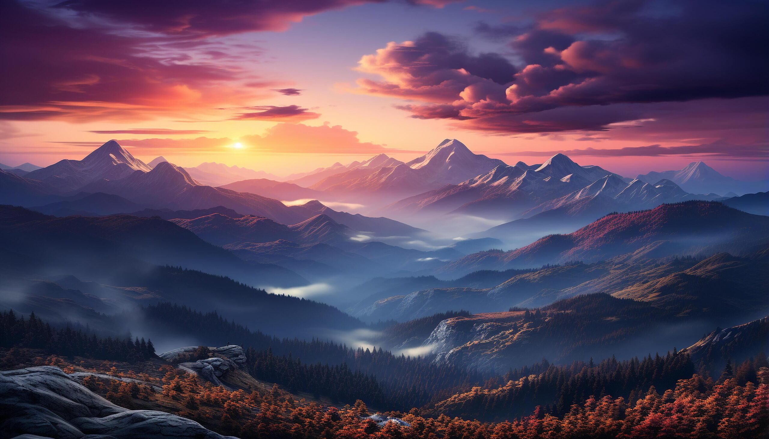 Ai-generated-majestic-mountain-peak-sunset-paints-tranquil-autumn-landscape-generated-by-ai-free-photo