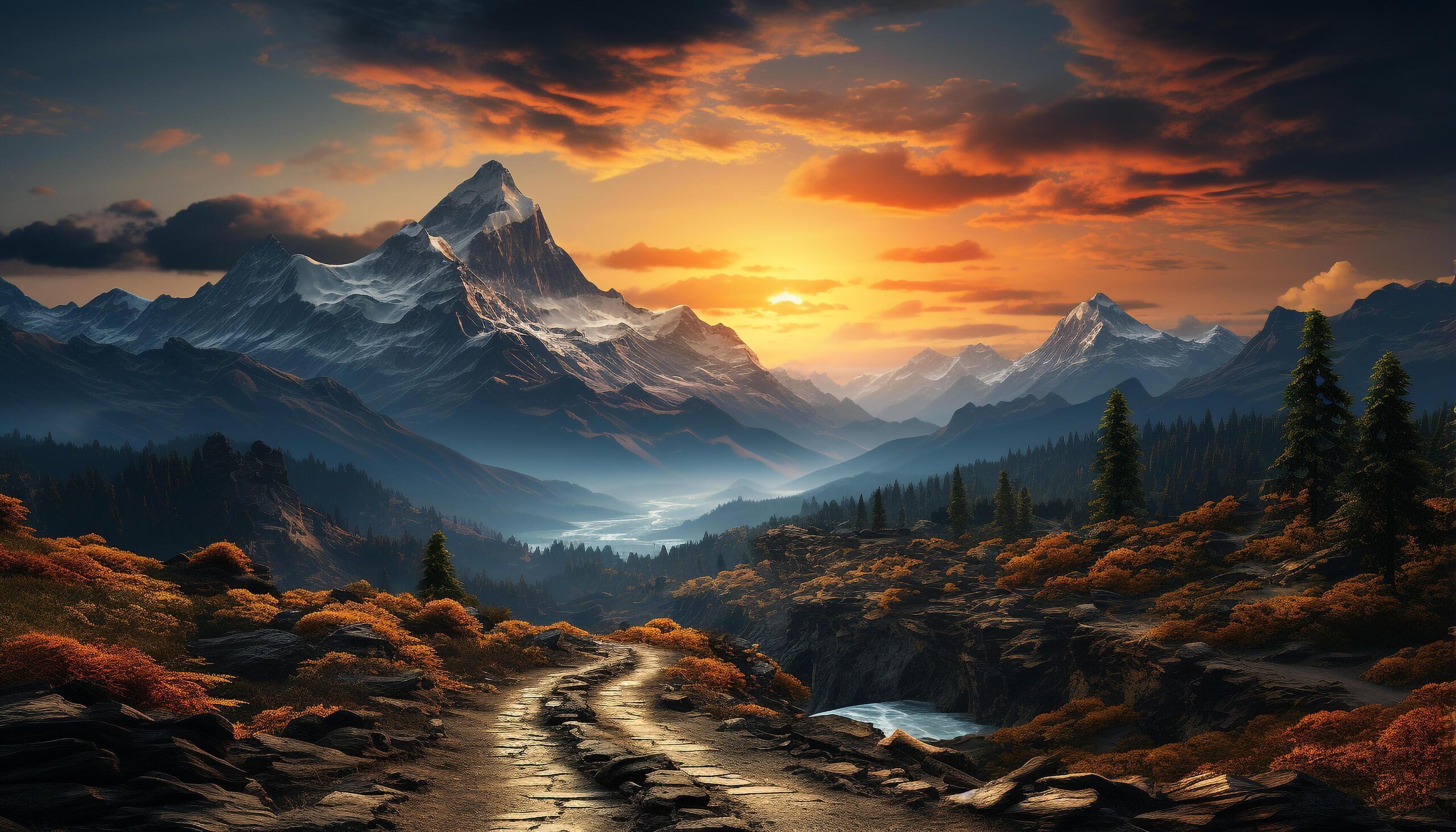 Ai-generated-majestic-mountain-peak-sunset-sky-tranquil-meadow-adventurous-hiking-generated-by-ai-free-photo