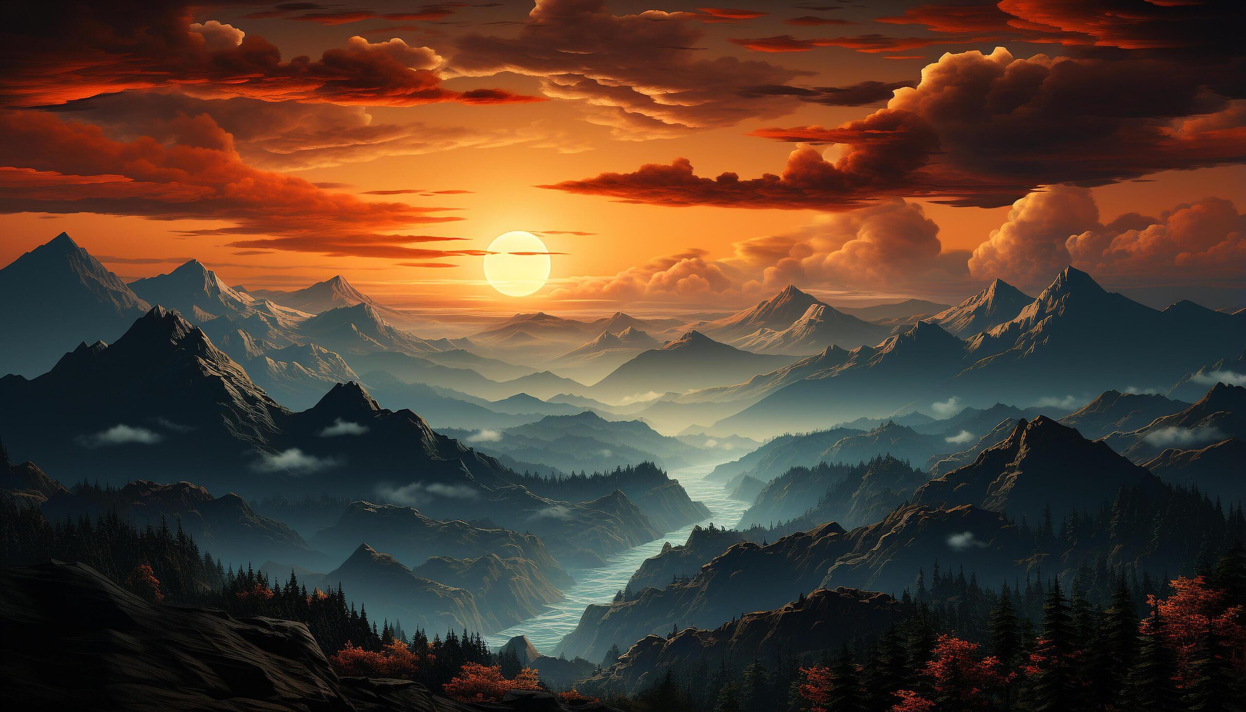 Ai-generated-majestic-mountain-range-sunset-silhouette-tranquil-meadow-nature-beauty-generated-by-ai-free-photo