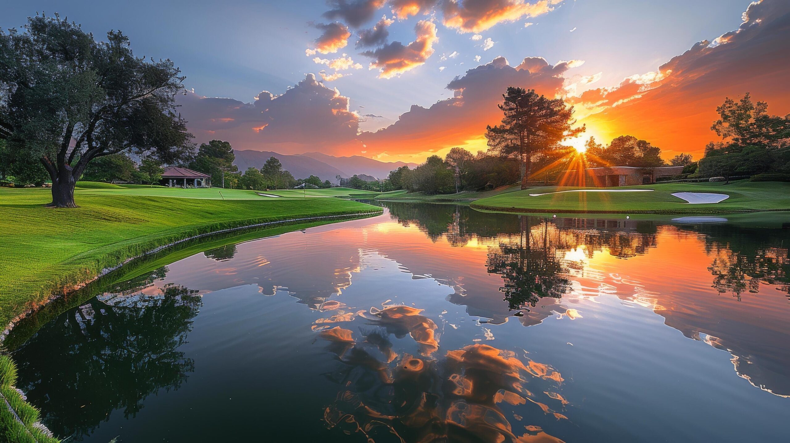 Ai-generated-majestic-sunset-over-golf-course-with-pond-free-photo