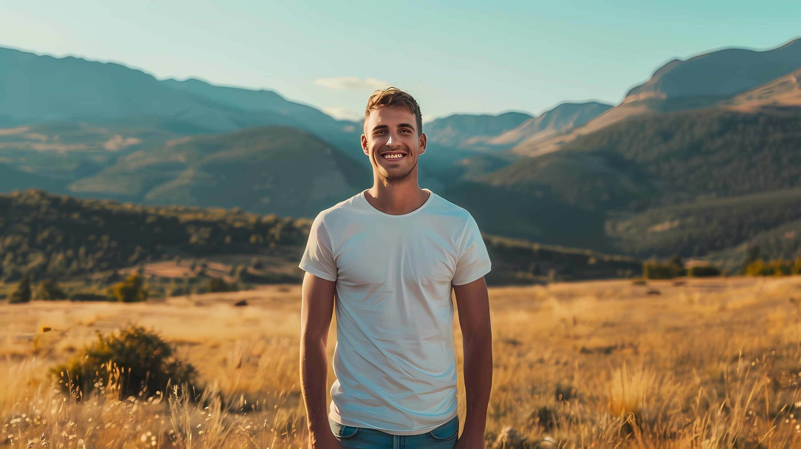 Ai-generated-male-model-with-bright-smile-standing-outdoors-on-a-summer-day-he-wore-a-clean-white-t-shirt-and-there-are-mountains-in-the-background-free-photo