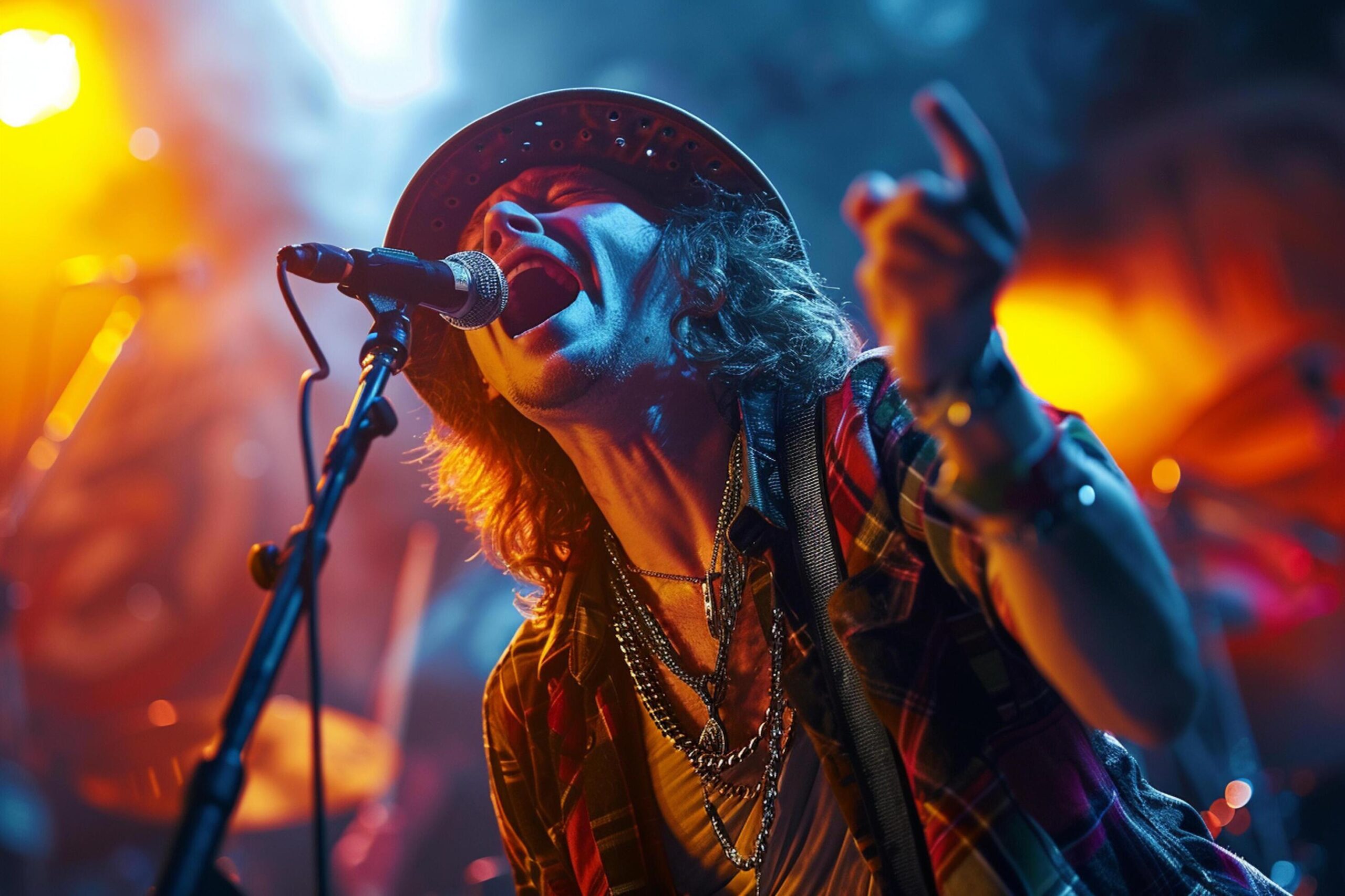 Ai-generated-male-singer-singing-in-the-hard-music-concert-bokeh-style-background-free-photo