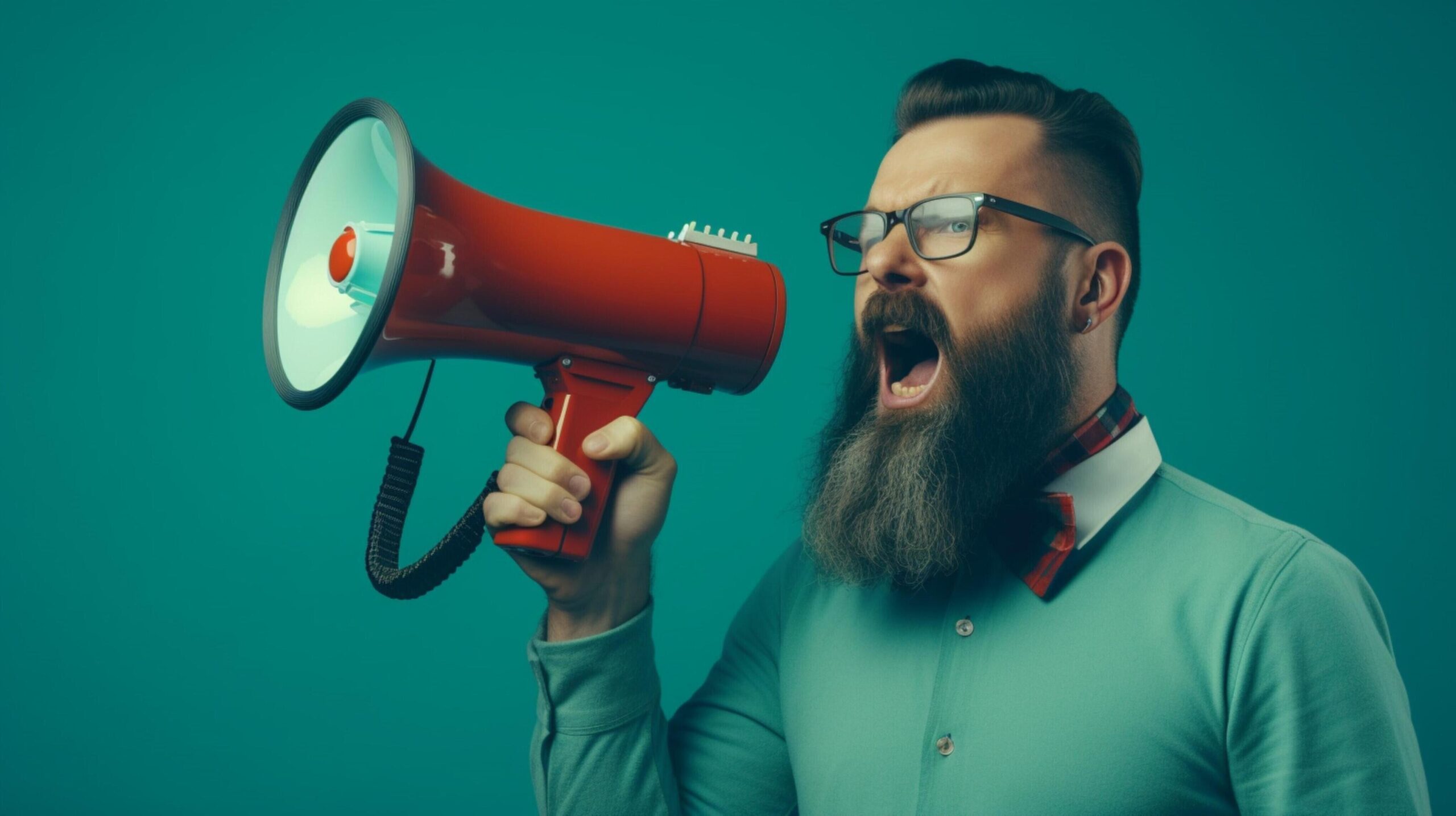 Ai-generated-man-holding-megaphone-standing-on-teal-background-free-photo