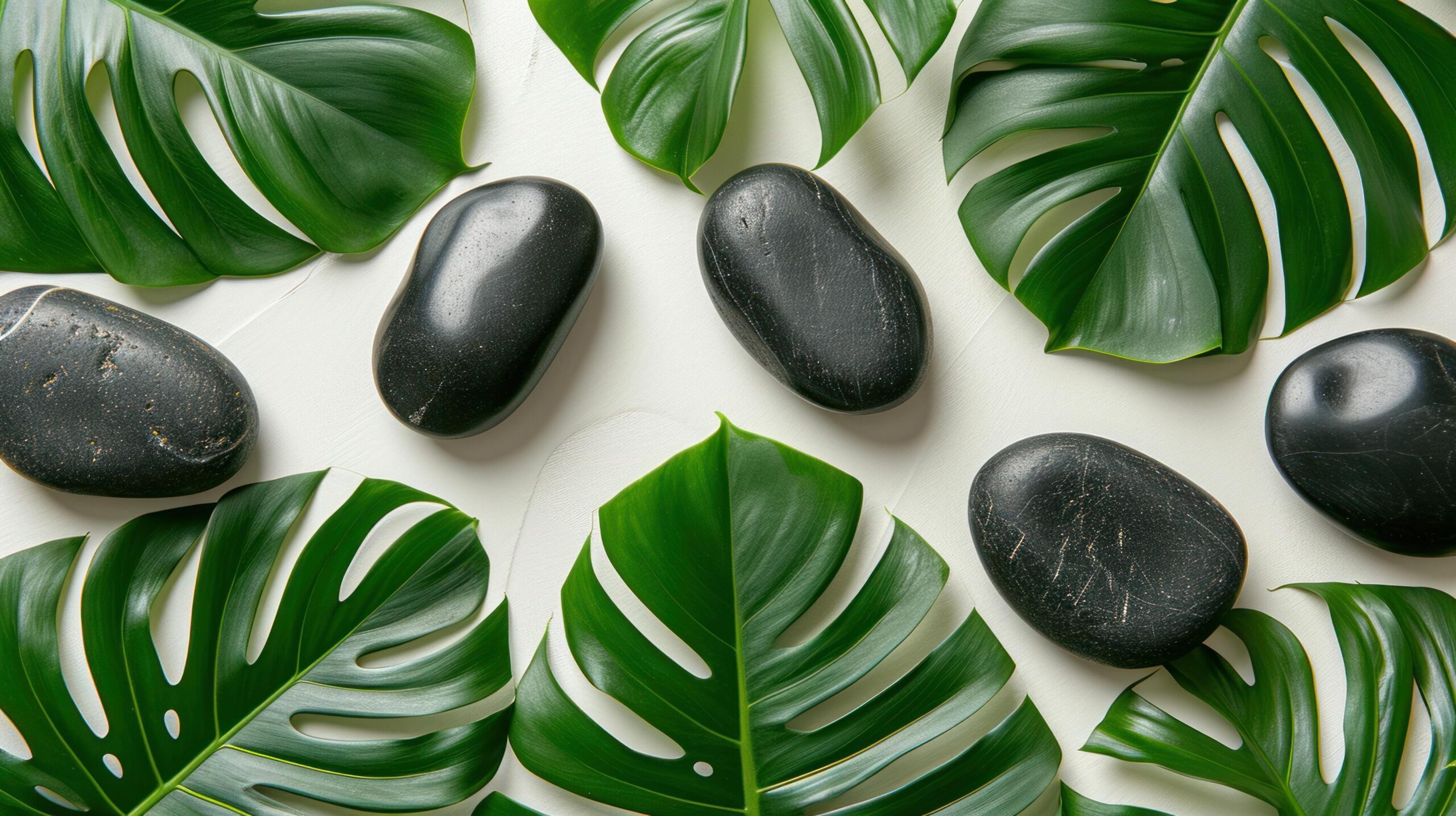 Ai-generated-massage-leaves-and-black-stones-on-a-white-background-free-photo