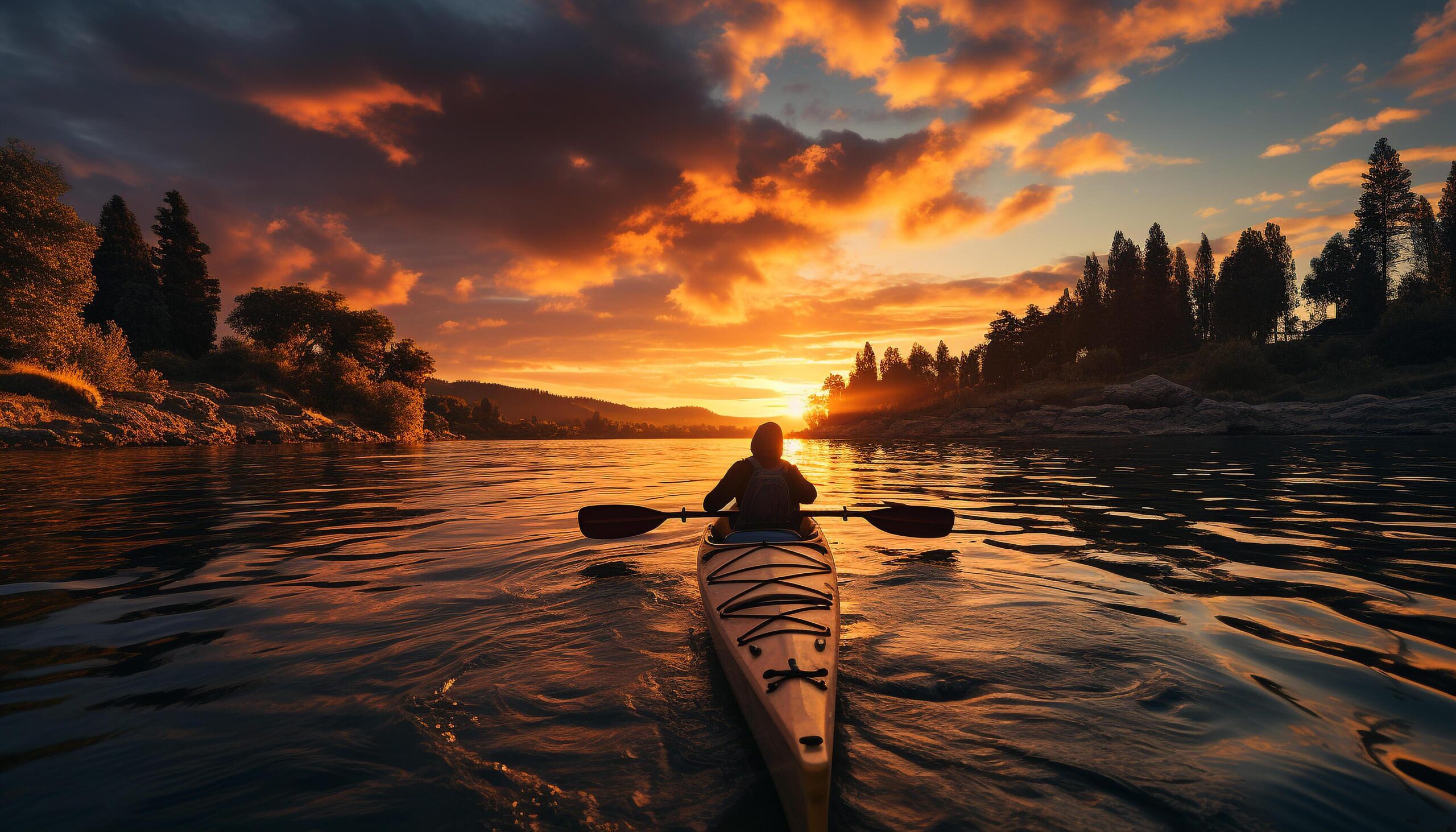 Ai-generated-men-and-women-paddling-canoe-enjoying-tranquil-sunset-outdoors-generated-by-ai-free-photo