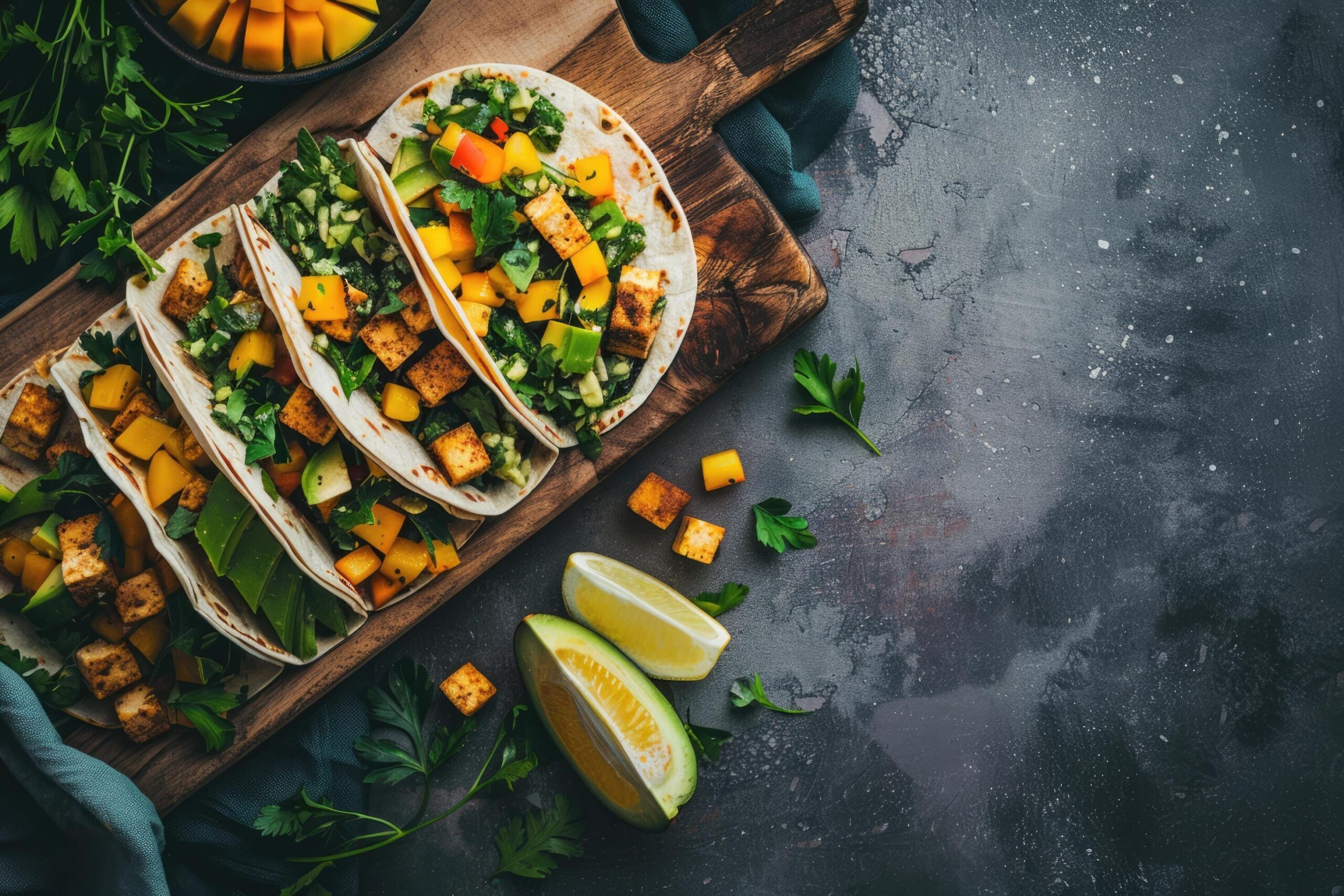 Ai-generated-mexican-mango-avocado-tacos-tofu-grilled-chicken-tomato-salsa-sauce-onion-in-corn-tortilla-free-photo