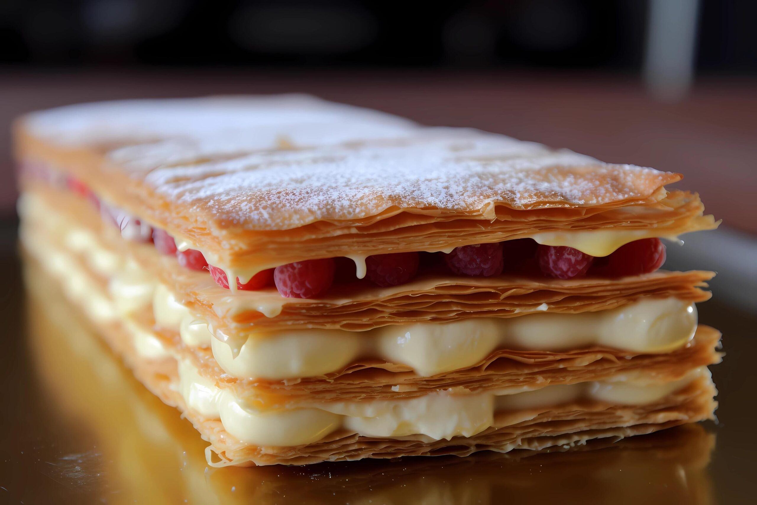 Ai-generated-mille-feuille-a-french-pastry-also-known-as-napoleon-mille-feuille-features-layers-of-flaky-puff-pastry-filled-with-cream-or-custard-often-topped-with-a-glaze-or-powdered-sugar-free-photo