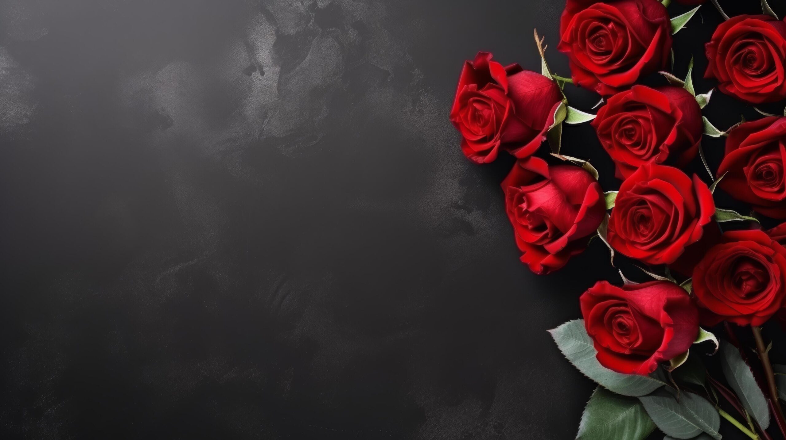 Ai-generated-minimalistic-black-background-on-which-lies-a-bouquet-of-red-roses-with-large-copyspace-area-free-photo