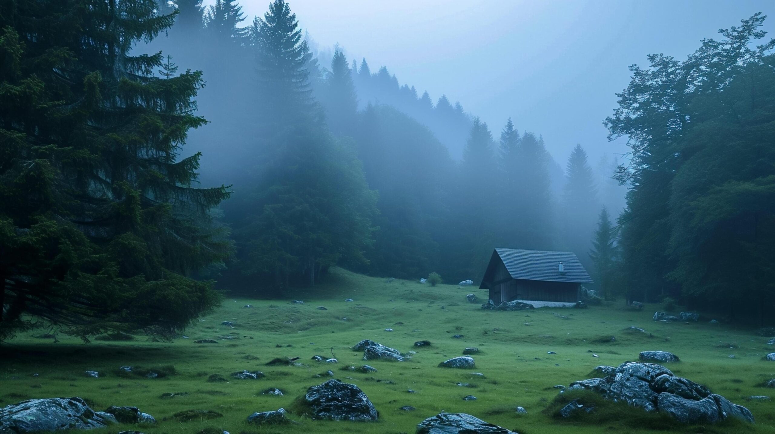 Ai-generated-misty-forest-with-solitary-cabin-in-the-middle-of-green-field-surrounded-by-tall-dense-trees-the-atmosphere-is-foggy-giving-the-scene-mystical-and-tranquil-vibe-ai-generated-free-photo